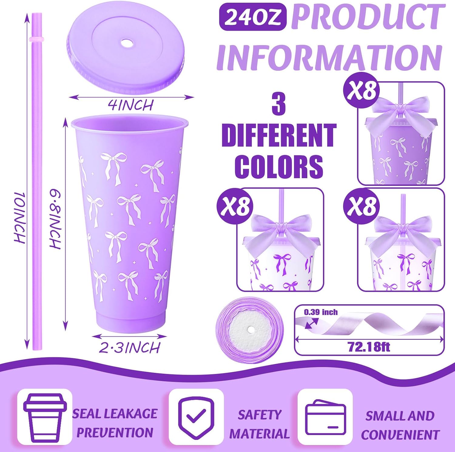 Skylety 24 Pcs 24oz Bow Plastic Cups with Lid Straw and Ribbon Set Bow Covers Reusable Party Drinking Cups for Wedding Baby Shower Birthday Party Favors(Purple) - Image 2