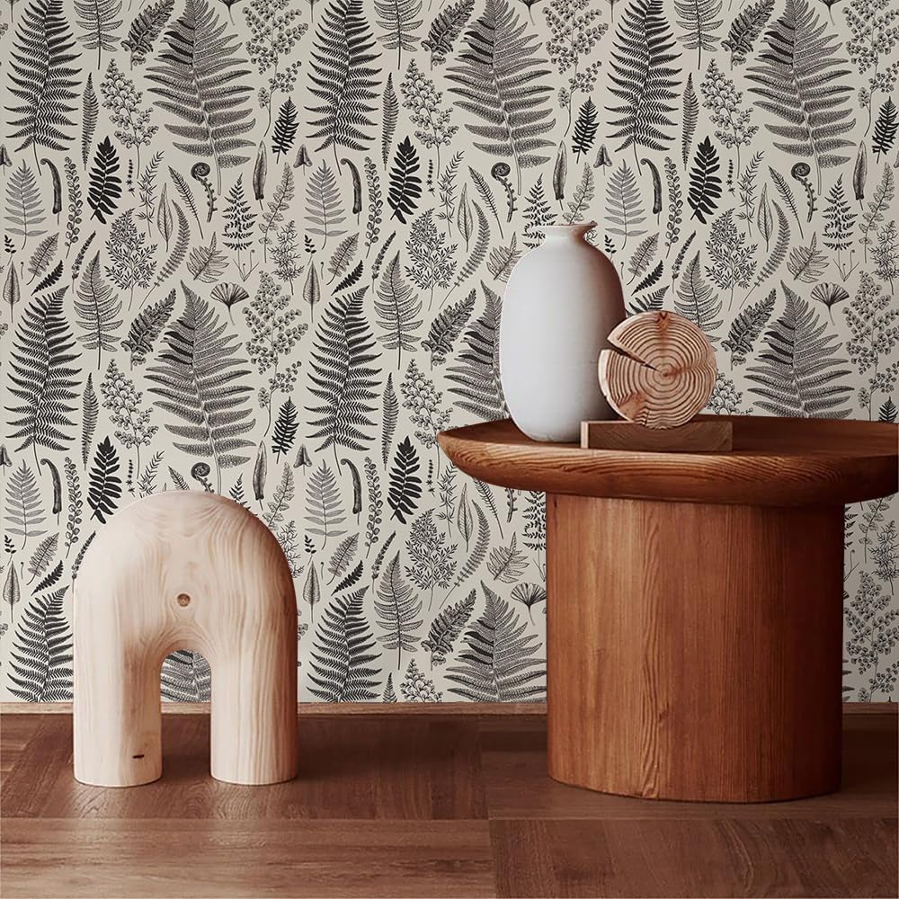 Black and White Grey Botanical Plant Leaf Specimen Peel and Stick Wallpaper Easy Peel Off Contact Paper Stick on Adhesive Wall Paper for Bathroom Waterproof Renter Friendly