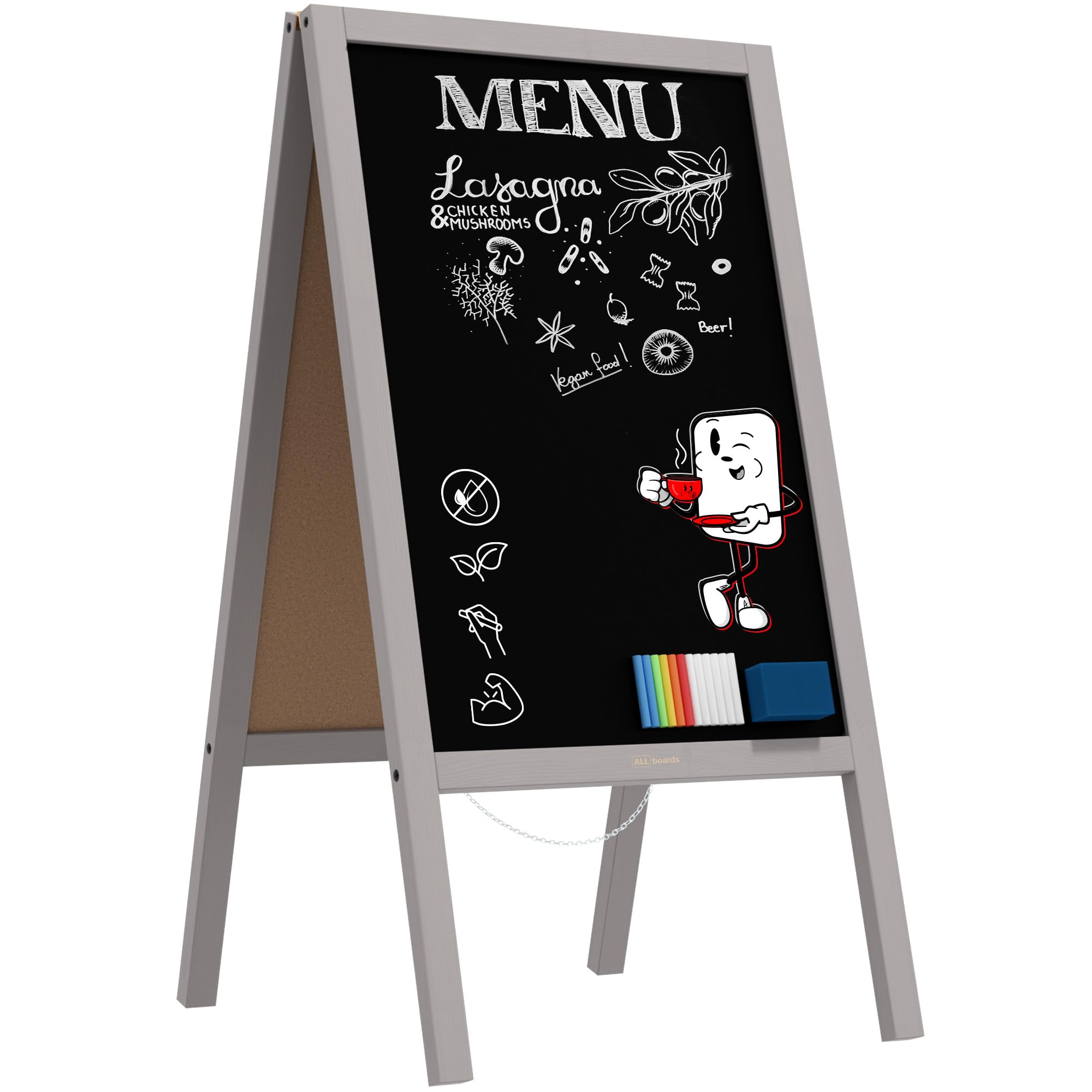 ALLboards Pavement Sign with Grey Varnished Wooden Frame 118x61cm, Sidewalk Advertising Board Chalkboard A-Frame with Chain Double Sides for Shop Pub Restaurant