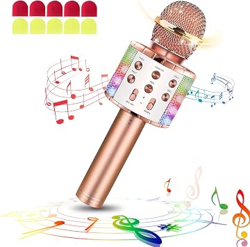 Wireless Bluetooth Karaoke Microphone with Led Lights Portable Handheld Singing Karaoke Speaker Machine Toys for Kids Adults (Champagne, w/10 Disposable Microphone Covers)