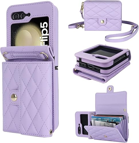 KIHUWEY Funda tipo cartera para Samsung Galaxy Z Flip 5, bolso cruzado con ranura para tarjeta de crédito, bloqueo RFID, correa ajustable de piel