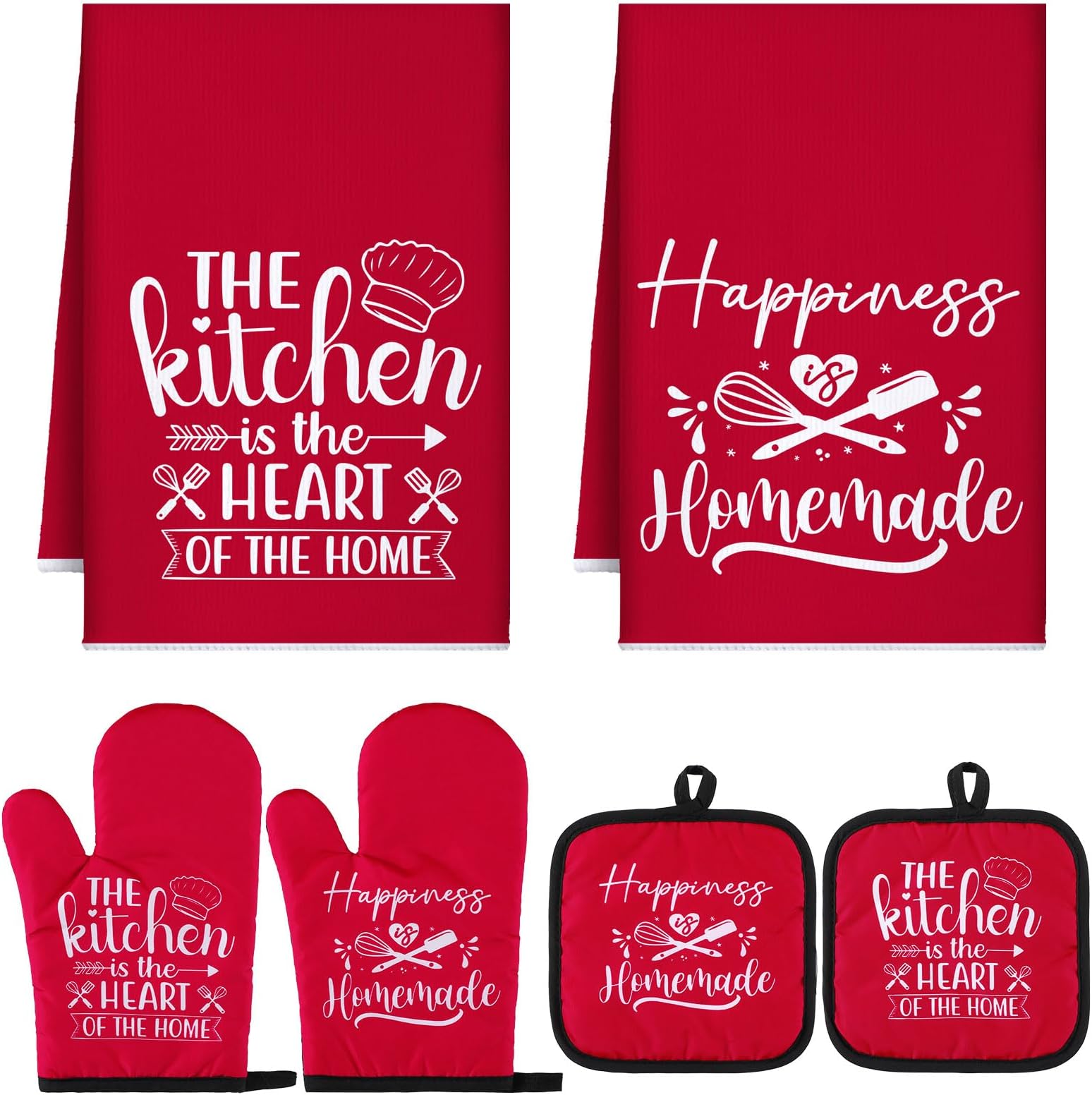 Sratte 6 Pcs Kitchen Decor Accessories Set Farmhouse Towels Pot Holders Oven Mitts Set 2 Dish Towels 2 Potholders 2 Cooking Mittens Oven Glove for Christmas Baking Cooking Supply(Red,Kitchen)