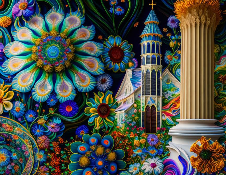Fleurs sauvages devant la belle église affiche toile salon SERENDIPITP