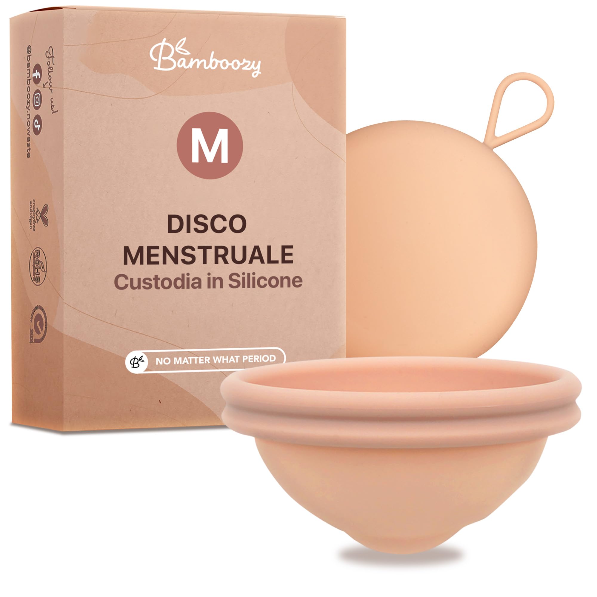 Bamboozy Disco Menstruale con Custodia in Silicone (M) - Disco Menstruale Sostenibile e Riutilizzabile in 100% Silicone Medicale - Senza BPA - Protegge fino a 12 ore - per Sport e Nuoto