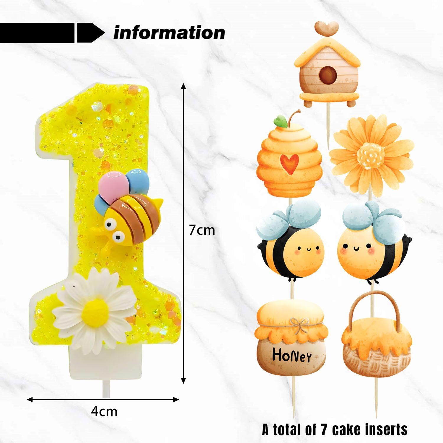 Candeline Numero 1 Compleanno Con Api E Fiori - Decorazione Torta Per 1&deg; Anniversario Bambini E Bambine
