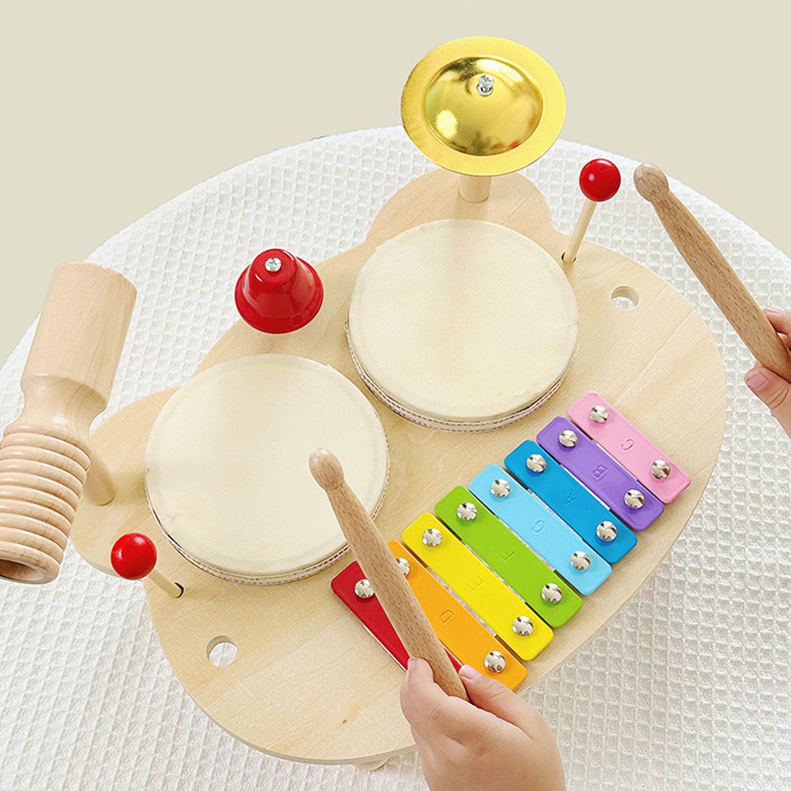 Alomejor Drewniana Zabawka Perkusyjna, Zestaw Bębnów dla Dzieci z Płaszczem i Ksylofonem, Złożony Drewniany Instrument Muzyczny dla Przedszkola Przedszkola w Wieku 2,3,4,5