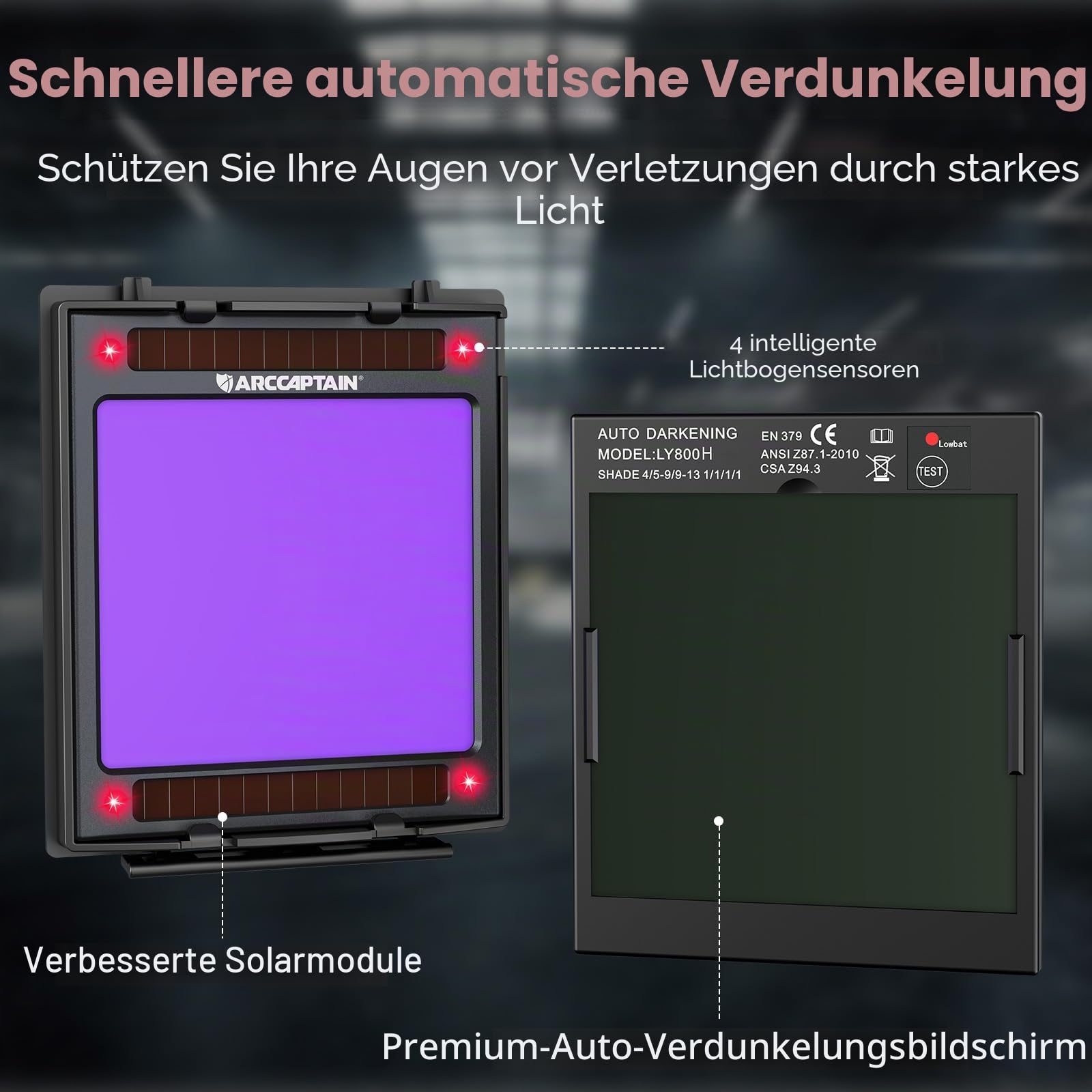 ARCCAPTAIN Schweißhelm mit großer Sicht, 10 x 9,3 cm, echte Farbe, automatische Verdunkelung, mit Licht, solarbetriebene Schweißhaube, 4 Lichtbogen-Sensoren, breiter Schatten 4/5-9/9-13 für Stick MIG