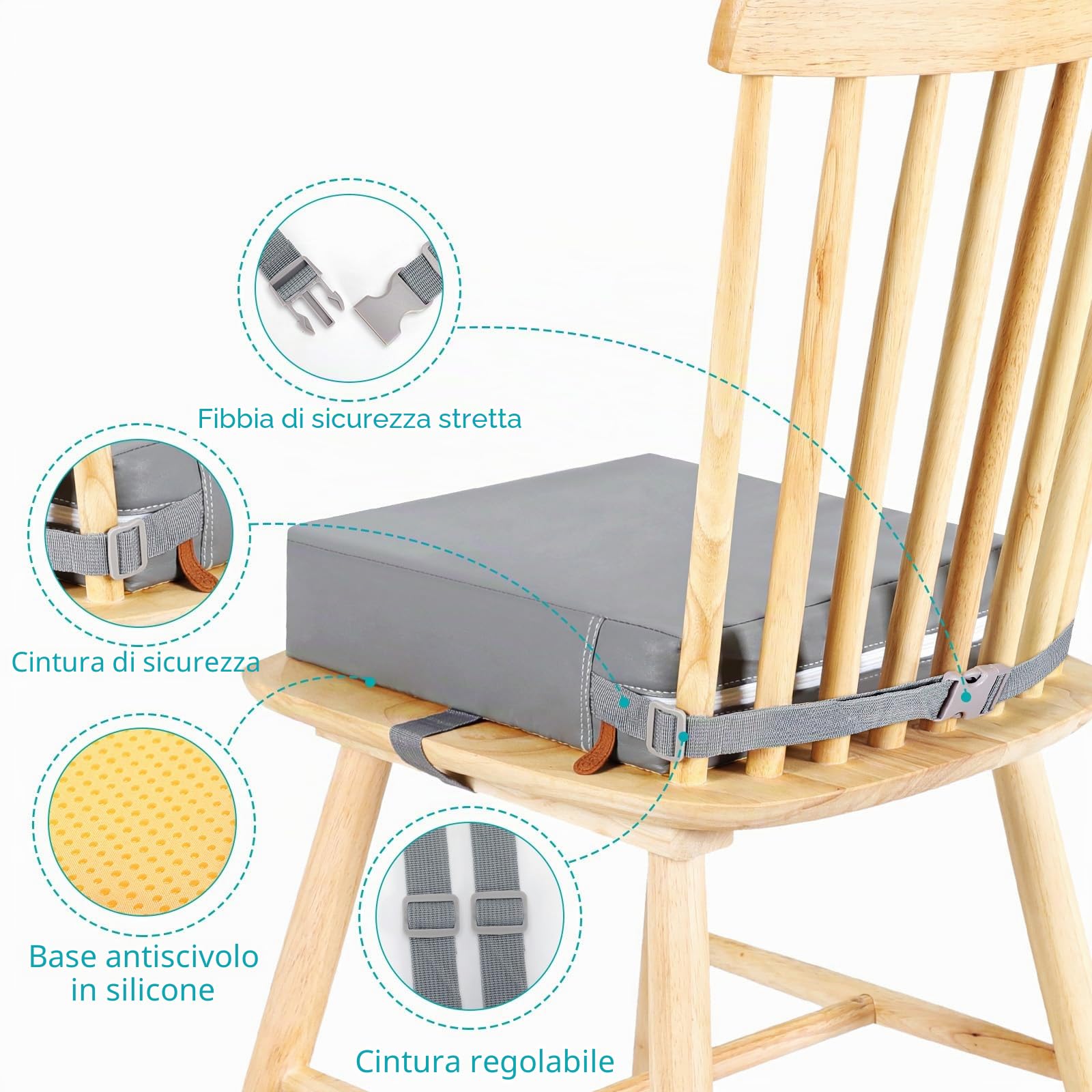 Rialzo Sedia Bambini Flessibile Lavabile Rimovibile Portatile PU Rialzo Sedia Bambini da Tavolo 2 Regolabile Cinghiette Antiscivolo Alzasedia Portatile per Usare Casa Viaggio(Grig)