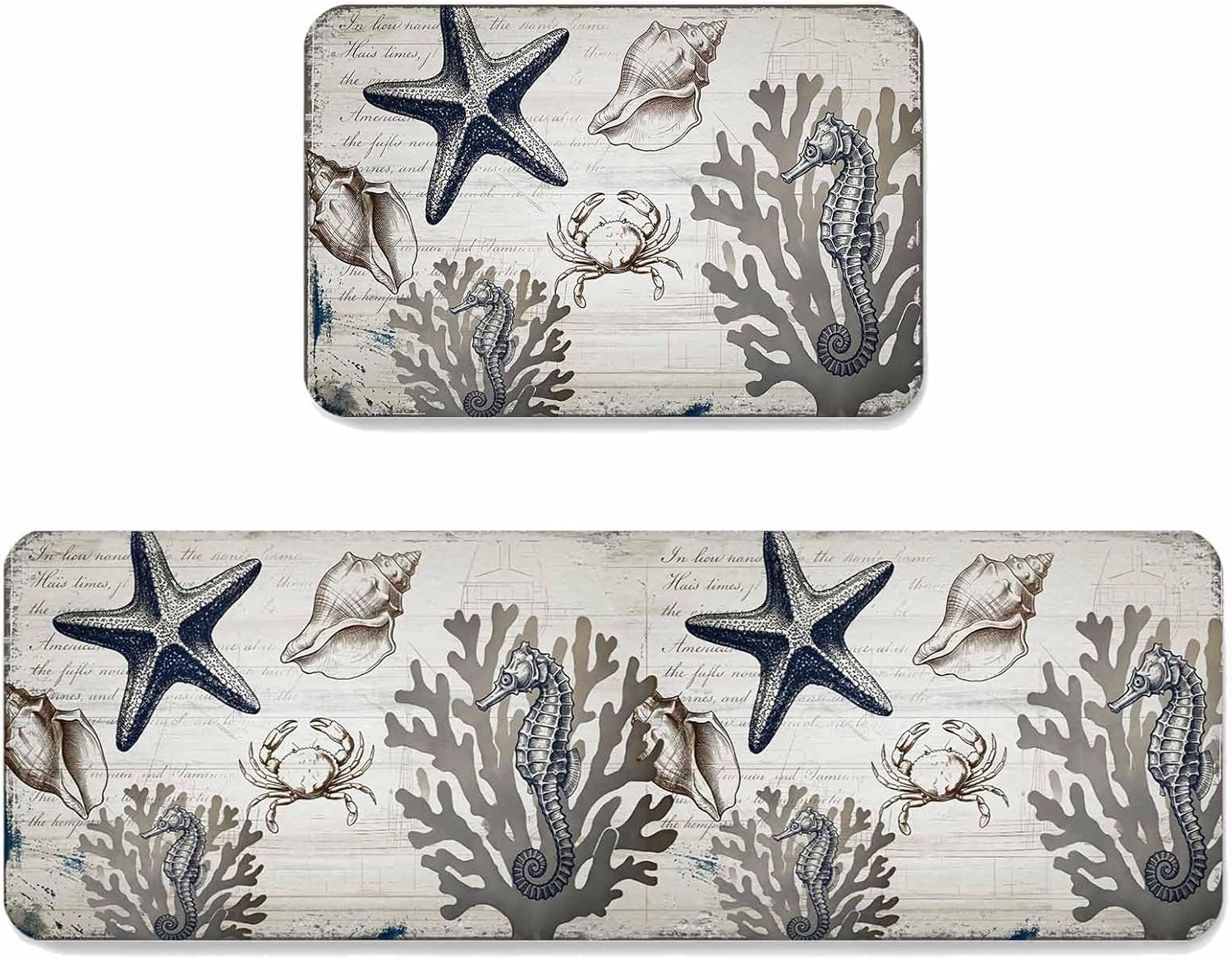 Vintage Starfish Kitchen Mat Set 2 Pieces Conch Seahorse Crab Watercolor Gray Coral Non Slip Kitchen Rugs Washable Runner Rug Mats for Floor Sink Laundry Office 15.7" x 23.6"+15.7" x 47.2"