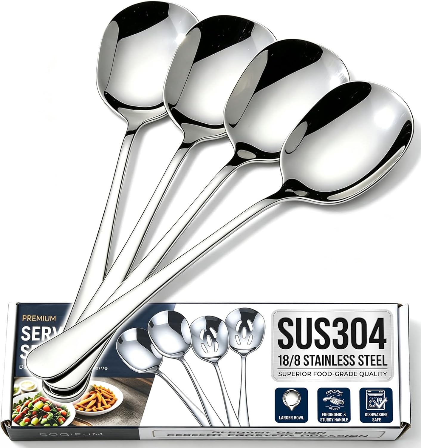 4-Piece Serving Spoons, 18/8 stainless steel Spoon, Large Buffet Serving Spoon, Heavy Duty 304 Stainless Steel, Tabletop Flatware Utensil for Banquet, Cooking, and Kitchen