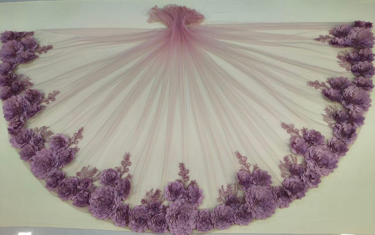 Dhudki ONIAN Pink Pleated Flower Work ONIAN Pink NET Fabric Work | Fabric for Multi Purpose use Like Kurti, Dress, Gown, Frock,Material | 2.50 Meter Bottom, Width 52'' in..., Work Hight 13'' in.. |-image-9
