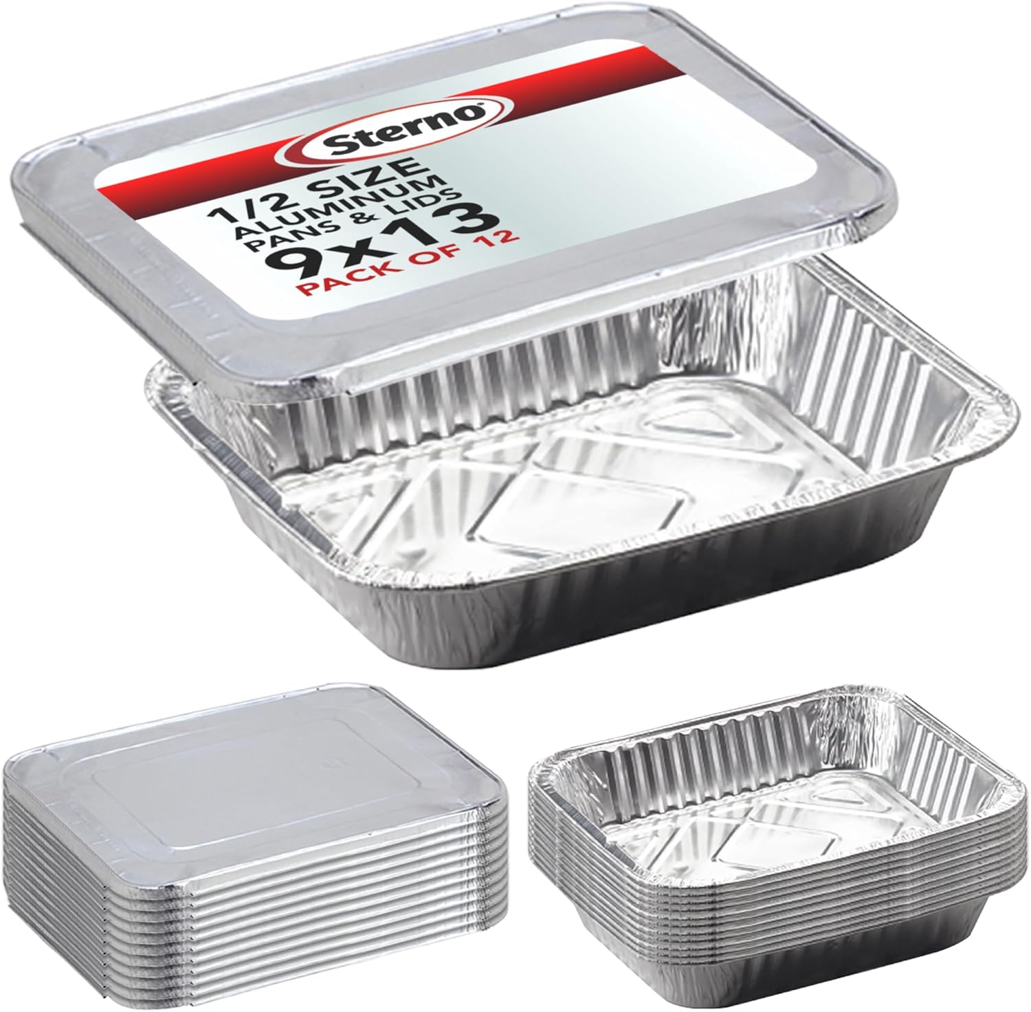 Sterno Aluminum Pans with Lids, Half Size, 9x13, Disposable Foil Tray for Baking, Roasting, Chafing, Great for Storage and Leftovers (24pcs)