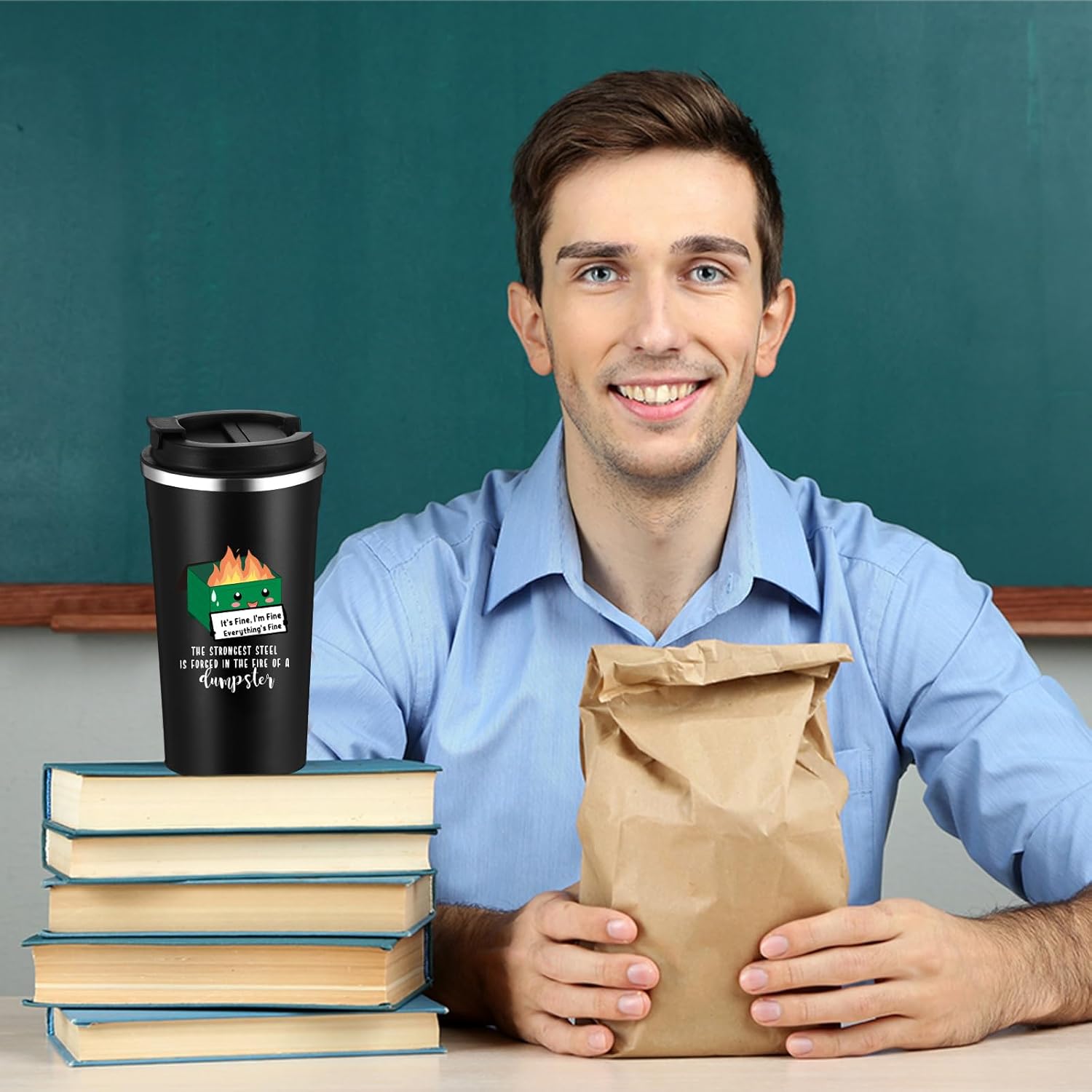 Skylety 1 Pc Dumpster Fire Funny Tumbler 17oz Employee Appreciation Gift for Adult Coworker Office Desk Accessories, Positive Everything Is Fine Mug Bulk White Elephant Gift (Green) - Image 5