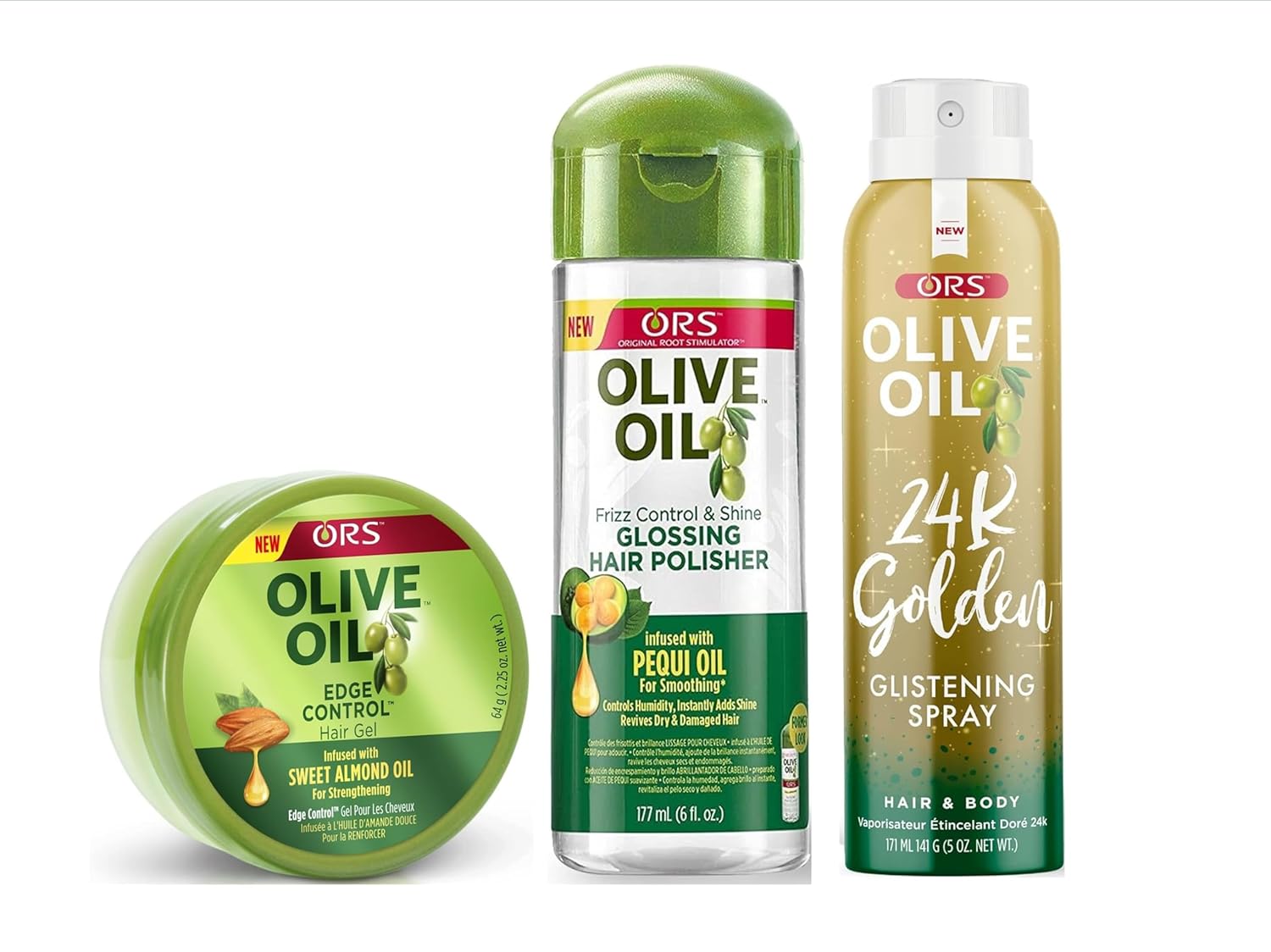 ORS Olive Oil Edge Control Hair Gel - Frizz Control and Shine Glossing Hair Polisher - Style & Shine 24k Golden Glistening Spray - Bundle