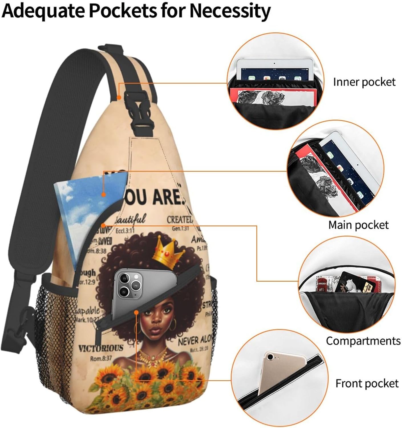 Sling bag for women crossbody chest bags Sling Backpack Travel Hiking Daypack for Women Men Shoulder Bag for Casual Sport Climbing Runners African American Afro Woman