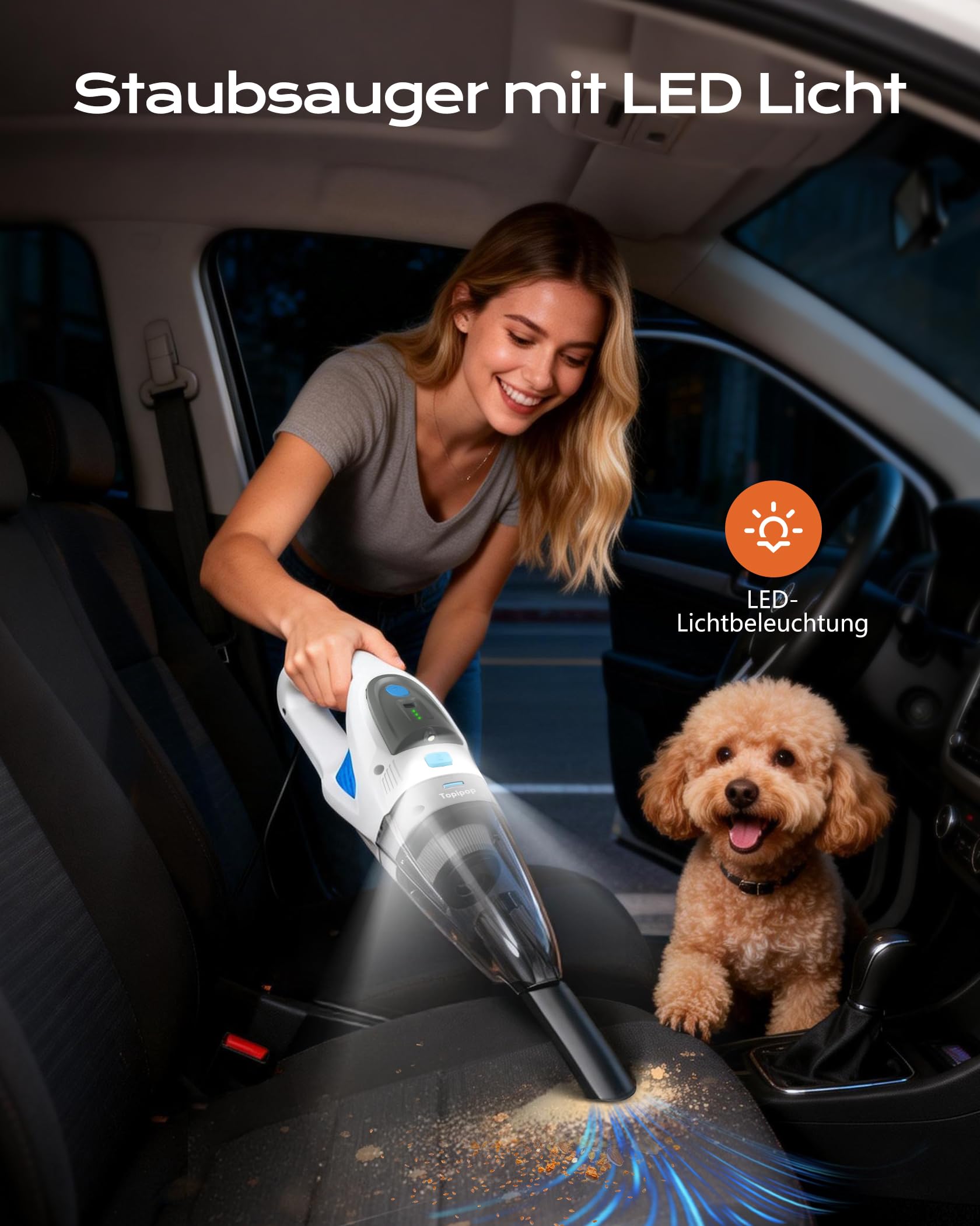 Topipop Handstaubsauger, 25000Pa Handstaubsauger Akku mit Ladestation, waschbarem HEPA Filter & 45 Min. Nutzungsdauer, inkl. LED Licht, Handsauger mit 3 Köpfe für Küche, Büro, Auto, Tierhaare (Weiß)