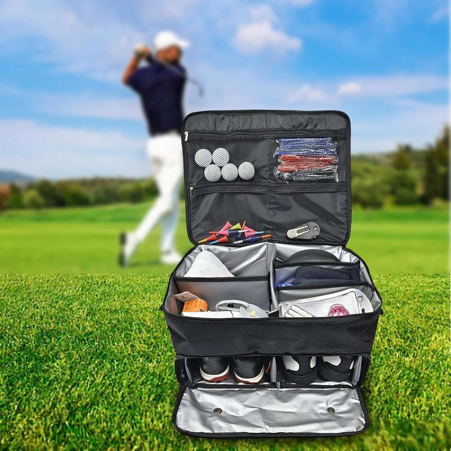 Golf Trunk Organizer Locker Bag Portable Zipper 2 Layer Golf Storage Bag Travel Bag for Accessories, Great Gift Idea for Golfers