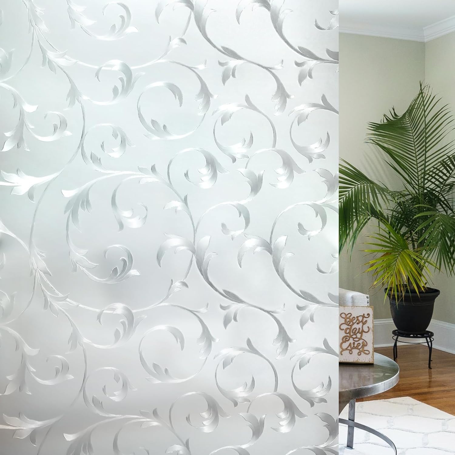 rabbitgoo Privacy Window Film, Frosted Glass Sun Blocking Window Coverings, Removable Static Cling Door Stickers for Home, Decorative Window Decals, 3D Vine Pattern, 23.6" x 78.7"