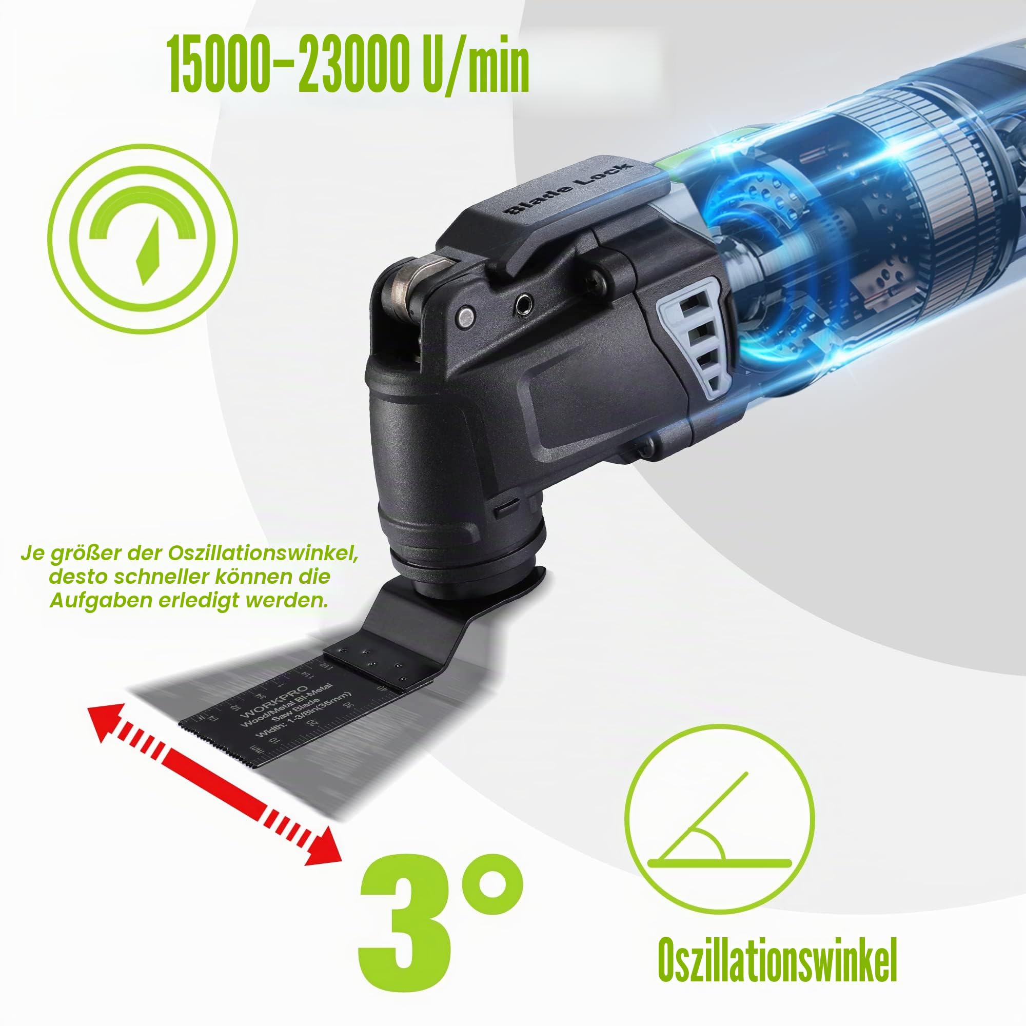 WORKPRO 300W Multifunktionswerkzeug, Oszillierende Säge mit 17 Zubehör und Aufbewahrungstasche, 7 Drehzahl 15000-23000 rpm Oszillationswerkzeug Oszillierer zum Trennen, Schleifen und Schaben