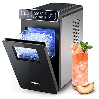 ecozy Ice Maker Machine Countertop, 24H Timer, Full-Color Pane, Small Size | 6 Mins Fast Ice, 12kg/24H, 2 Size, Self-Cleaning, Portable with Ice Bags, Scoop, Basket for Home, Kitchen, Office, Bar, Party