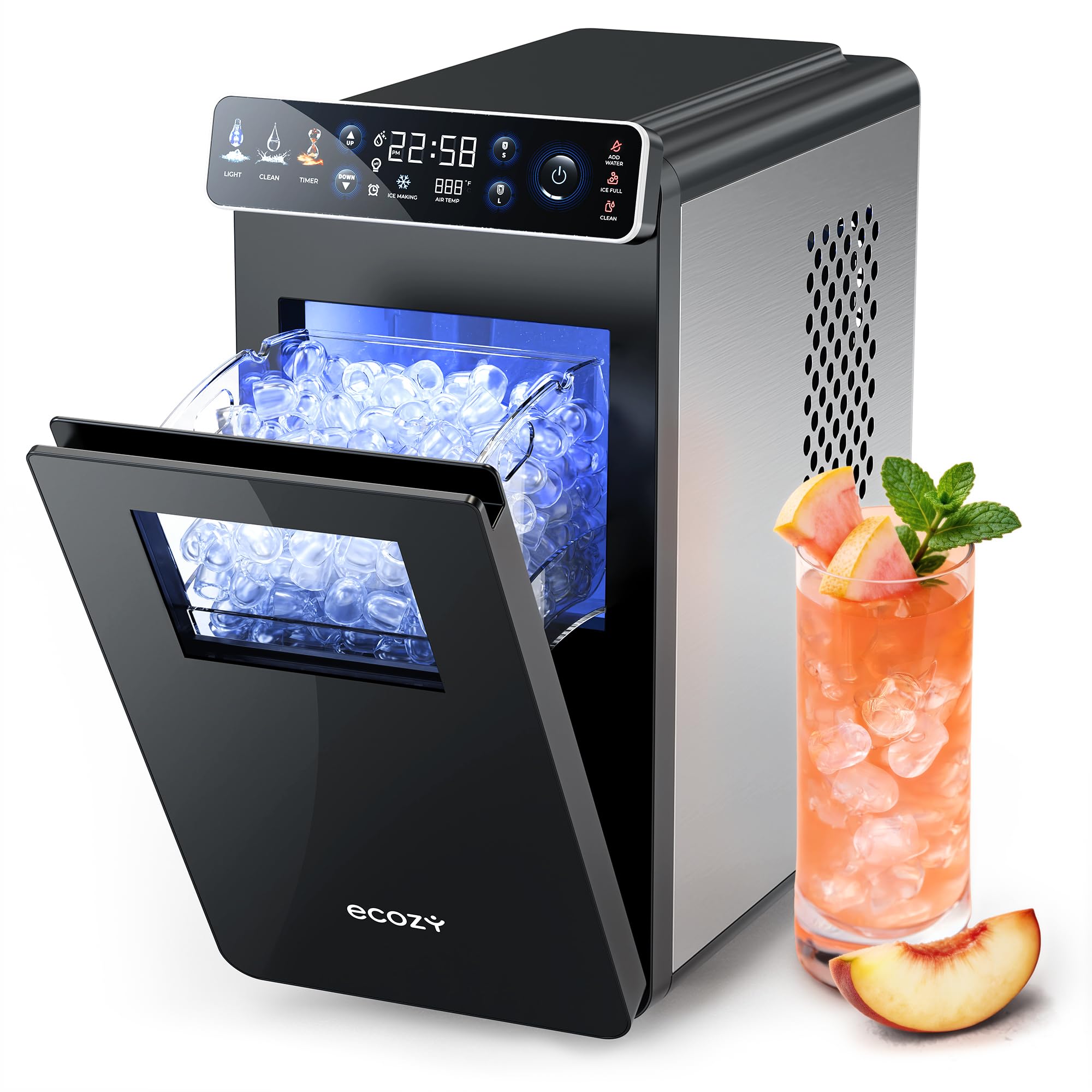 ecozy Eiswürfelmaschine Klein, Tragbar und Kompakt mit Farbdisplay, 24-Stunden-Timer, 12 KG/24H, Eiswürfel in 6 Minuten, 2 Eiswürfelgrößen, Selbstreinigende Ice Maker, Ideal für Küche, Büro, Partys