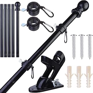 OBANGONG Flag Pole 6FT Flag Pole Kit for House,Stainless Steel Flag Pole with Holder Mounting Bracket Black Flag Pole with 2 No-Tangle Rings Clips for Outdoor Garden Truck Use