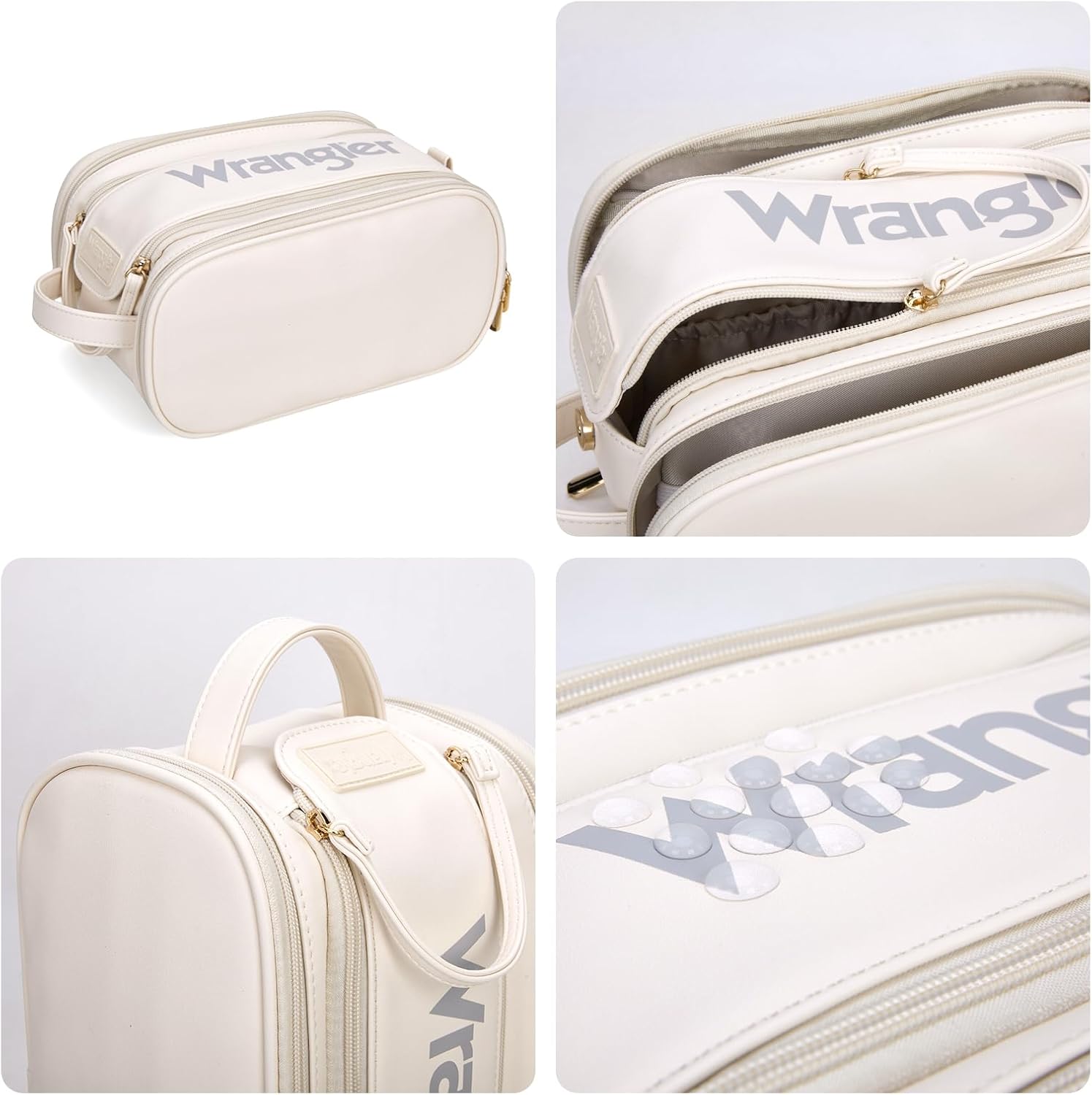Montana West X Wrangler Large Makeup Bag Travel Toiletry Bag Portable Cosmetic Bag Make Up Organizer with Divider and Handle for Women Beige