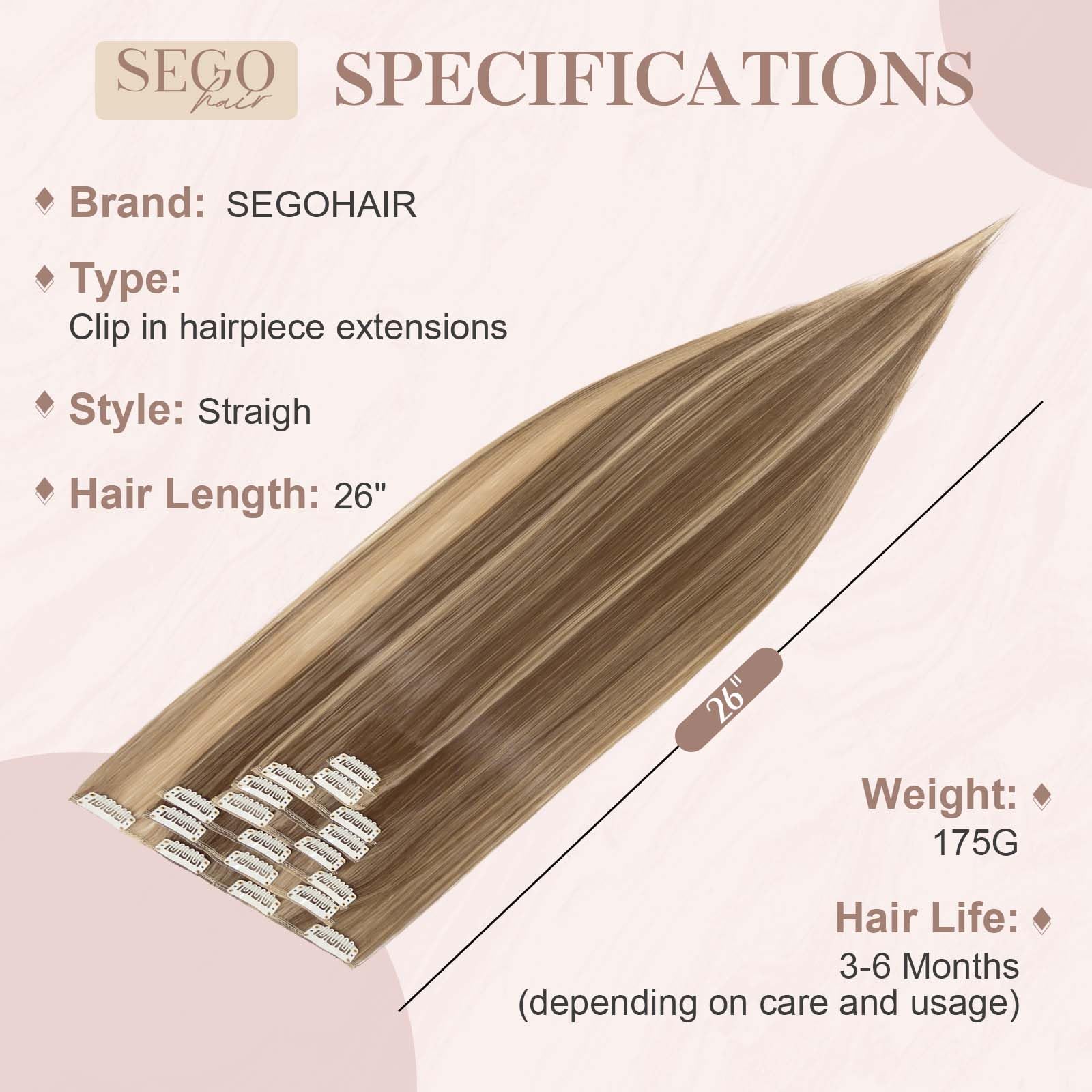 SEGOHAIR Hair Extensions Clip in 8Pcs 18 Clips Synthetic Fiber Seamless 26" Long Straight Full Head Golden Brown mix Dark Blonde - Image 3