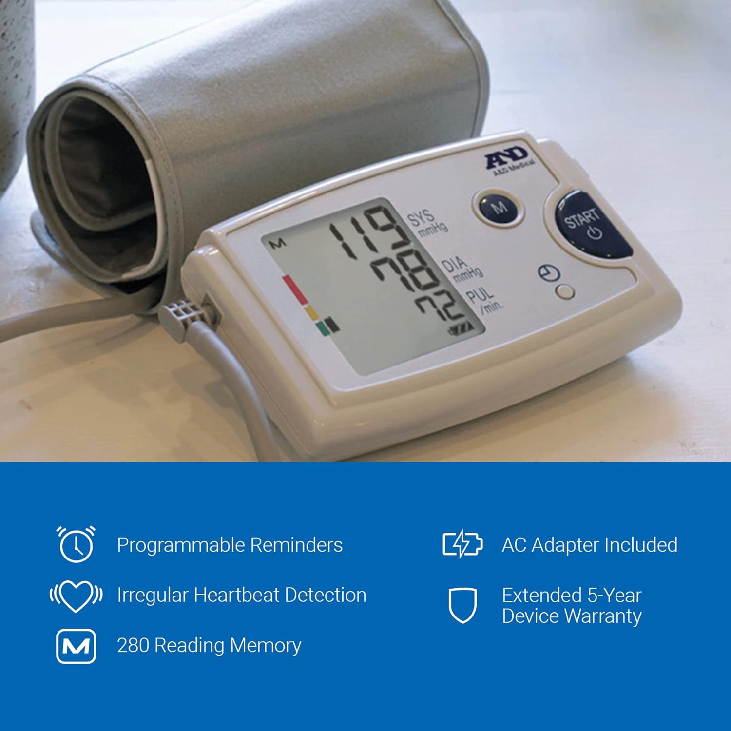 A&D Medical Blood Pressure Monitor for Home Use, UA787EJ Preformed Upper Arm Cuff (9.0-17" / 22-43cm), Easy to Use, One Touch Operation, Avg Memory, 3 Custom Reminders, Carrying Case, AC Adapter image 2 of 8 B000B69R2K