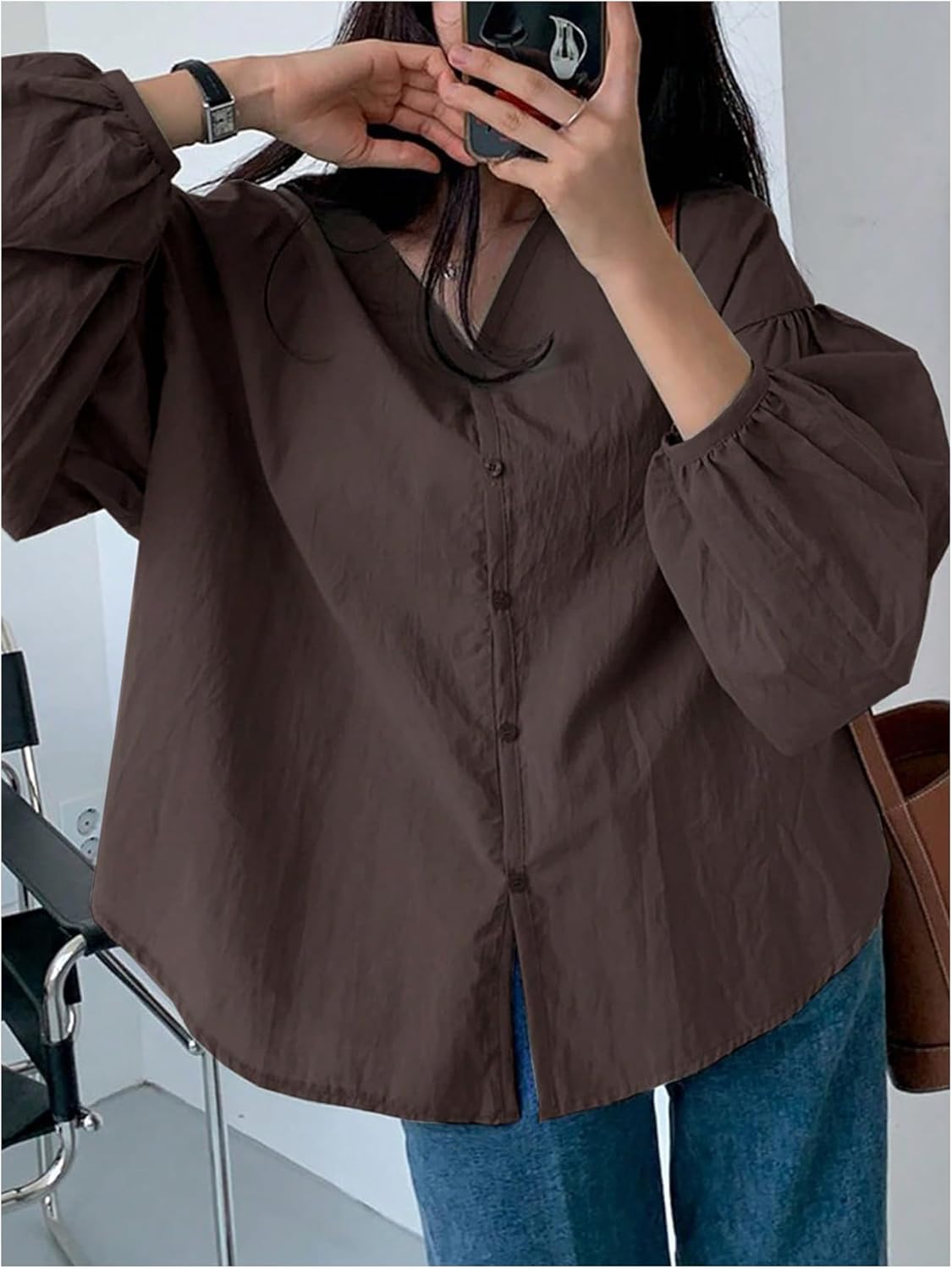 Women's V Neck Button Down Shirts Long Sleeve Drop Shoulder Blouses Tops Fall Outfits - Image 5