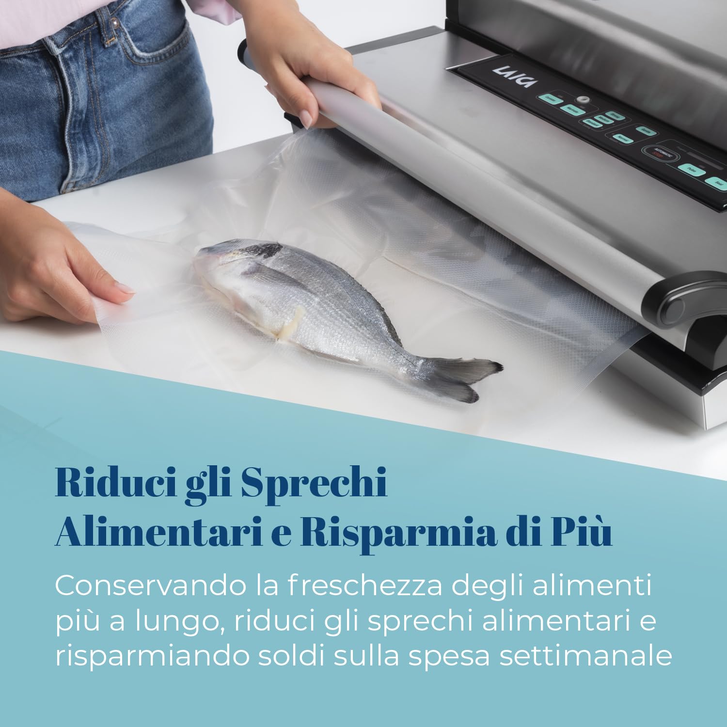 LAICA VT3250 Macchina Sottovuoto Professionale - 1 Rotolo da 40cm Incluso | 100 cicli automatici consecutivi, aspirazione regolabile 25 l/min, tripla sigillatura, larghezza MAX sacchetti 40 cm