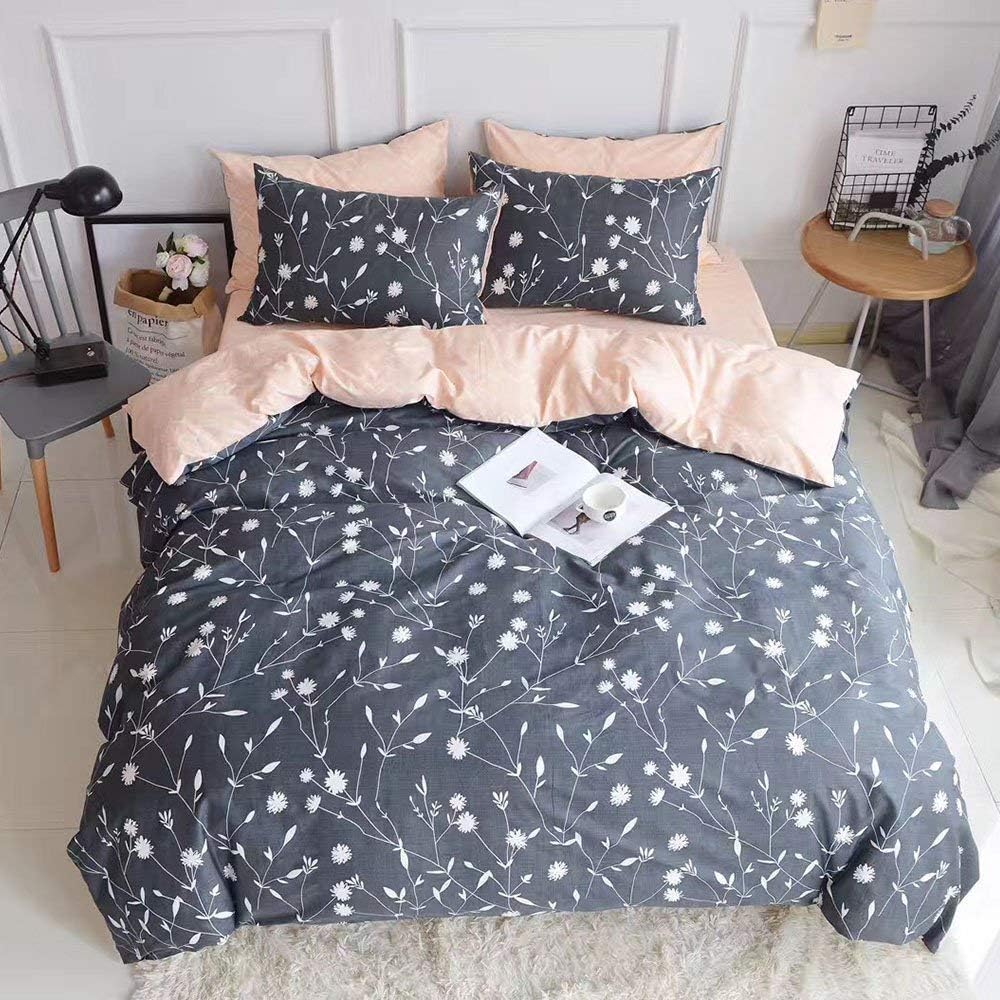 PinkMemory Queen Duvet Cover Floral Cotton Bedding Set Gray Flowers Branches Printing,Reversible Peach and Gray Duvet Cover Set-Ultra Comfy Breathable Zipper