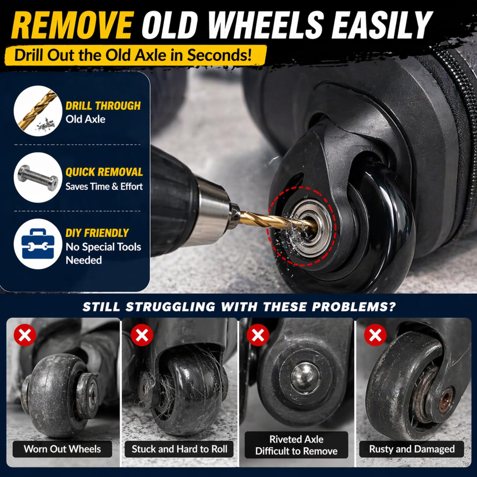 50mm Luggage Wheels Replacement Kit, Suitcase Wheel Repair Set, Axles Drill — Amazon image 3