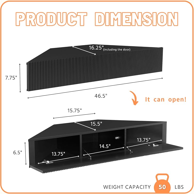 24/7 Shop at Home French 47 inch Modern Floating TV Console Table with 3D Wavy Panel Door, Wood Entertainment Center with Storage Space, Wall Corner Shelf for Living Room, Bedroom, Office, Black Pure image 5