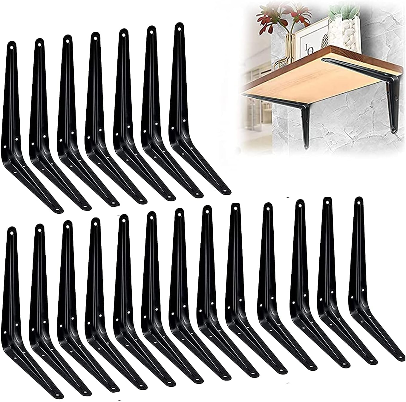 20 Pack Shelf Brackets 4 Inch,Heavy Duty Shelf Brackets, Floating Shelf Brackets 3 inch, Decorative Wall Brackets L Bracket, J Brackets Iron Wall Mount Brace for Shelves Farmhouse (8 x 6 inch)