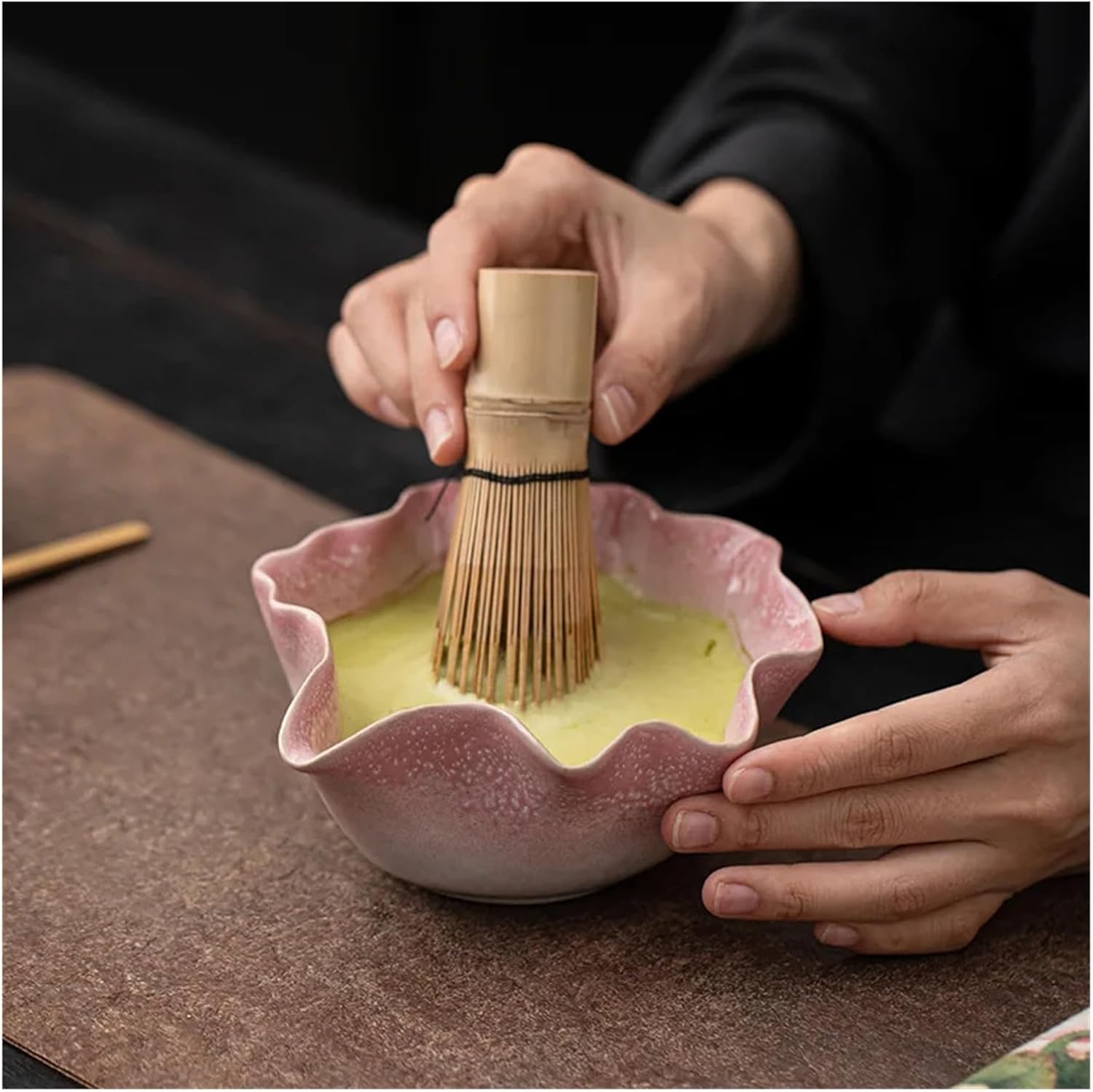 1-8pcs Flower Shaped Matcha Bowl Set,Whisk Holder,Sifter,Tea Scoop(8pcs Green)