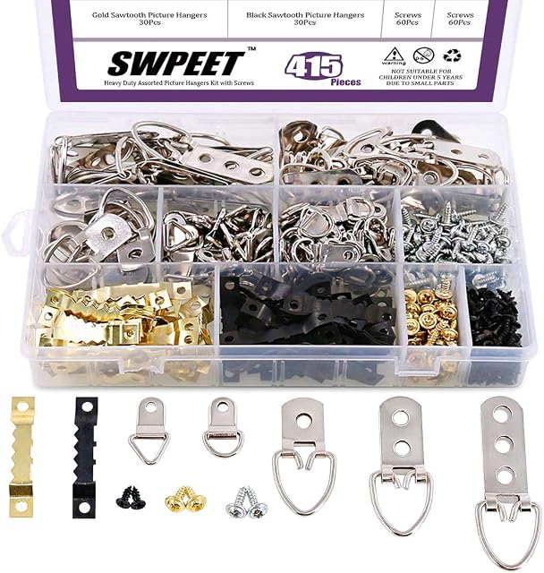 415 Pcs Heavy Duty Assortiment de cintres photo avec vis, cintrés photo Kit d'assortiment pour solutions de suspension photo avec boîte transparente - 7 Modèles
