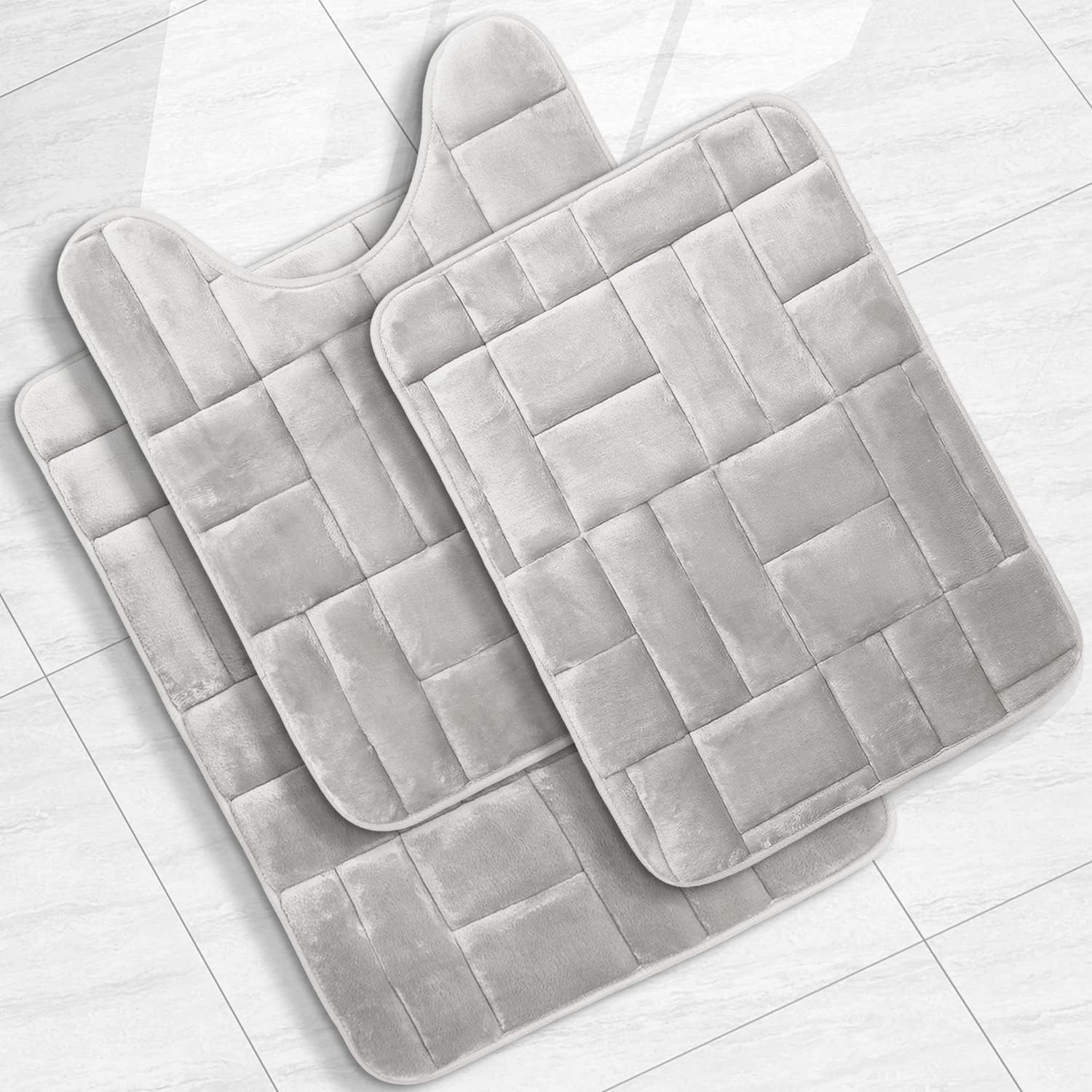 Clara Clark Set of 3 Bath Mats, Non-Slip Velvet Memory Foam Bathroom Rugs, Machine Wash, Soft and Plush Bath Rugs, 17 x 24 Inch, 20 x 32 Inch & U-Shaped 20 x 24 Inch, Tiled Design - Silver