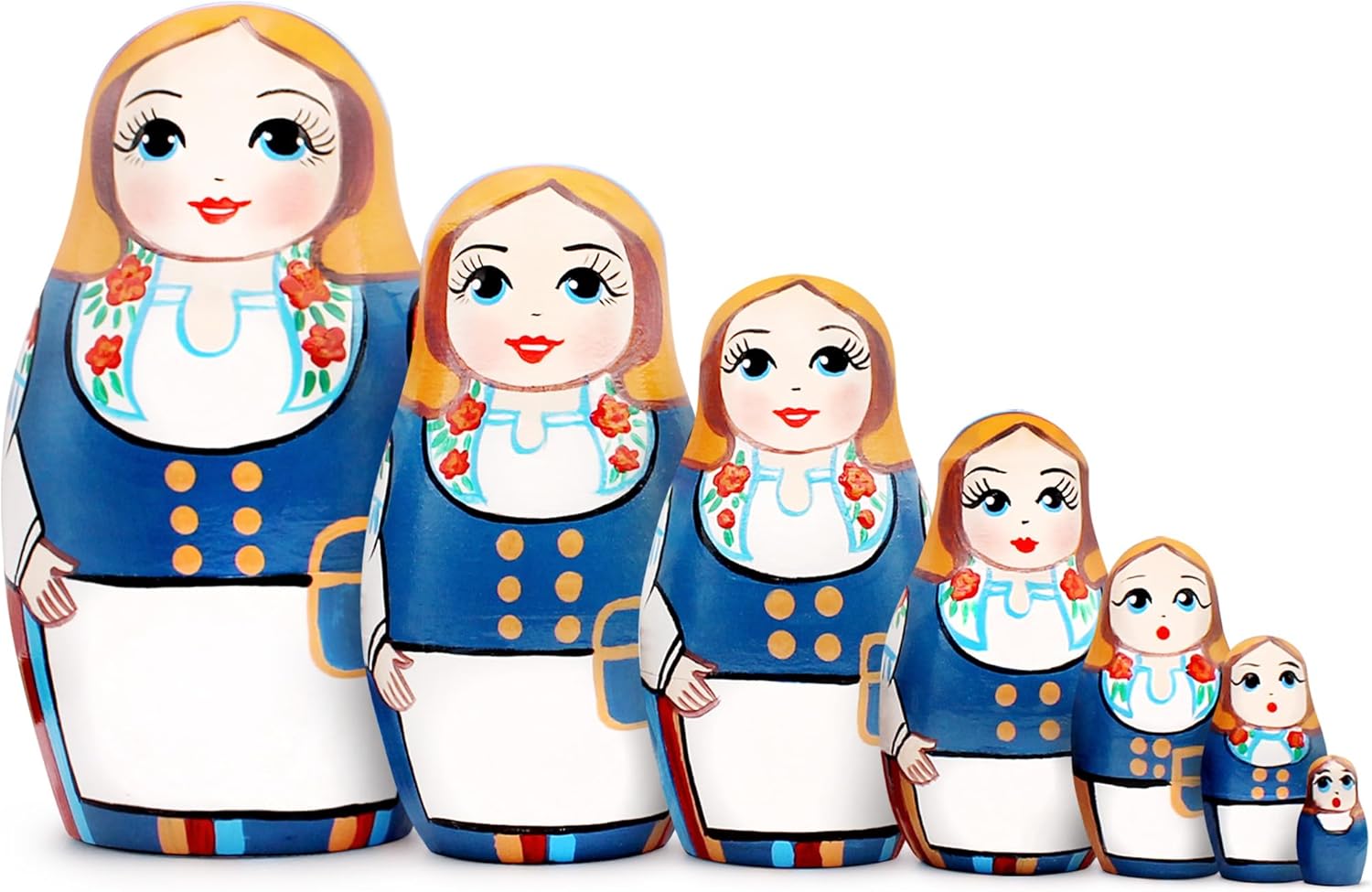 AEVVV Russian Matryoshka Dolls Set of 7 pcs - Nesting Dolls in Finnish Folk Costume Munsala - Hand Painted Baboushka Nesting Dolls in Scandinavian Dress - Wooden Nesting Dolls
