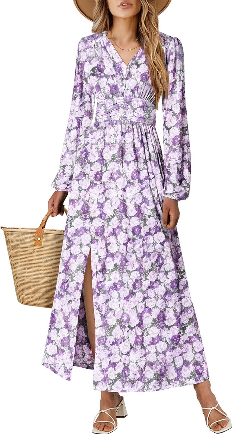 BLENCOT Long Sleeve V Neck Floral Maxi Dress for Women Casual Flowy Slit Ruched High Waist Cocktail Fall Dresses