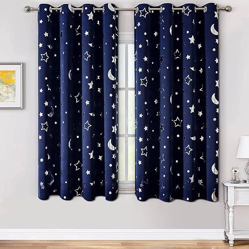 WUBODTI Cortinas opacas de estrella azul marino para habitación de niños, juego de 2 paneles de 63 pulgadas de largo, cortinas cortas con estampado