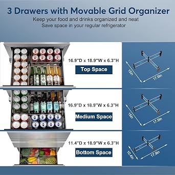 FoMup Stainless Steel 3-Tier Drawer Fridge Undercounter, Outdoor Beverage Refrigerator with Wheels, Waterproof Design and Temperature Control for Home and Commercial Use