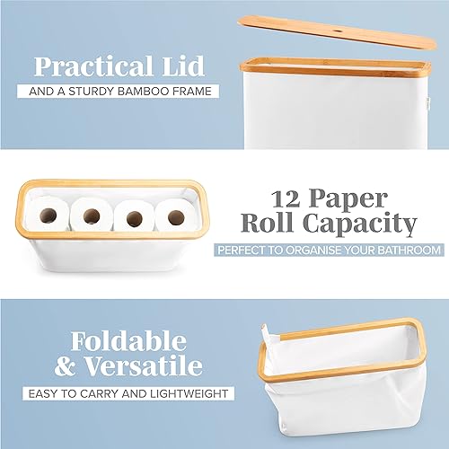 Miniatura 5 de Cesta de lavandería con tapa  XL 100 L  Cestas grandes para lavandería con asas  Contenedor alto de bambú para ropa sucia  Cesta de papel higiénico