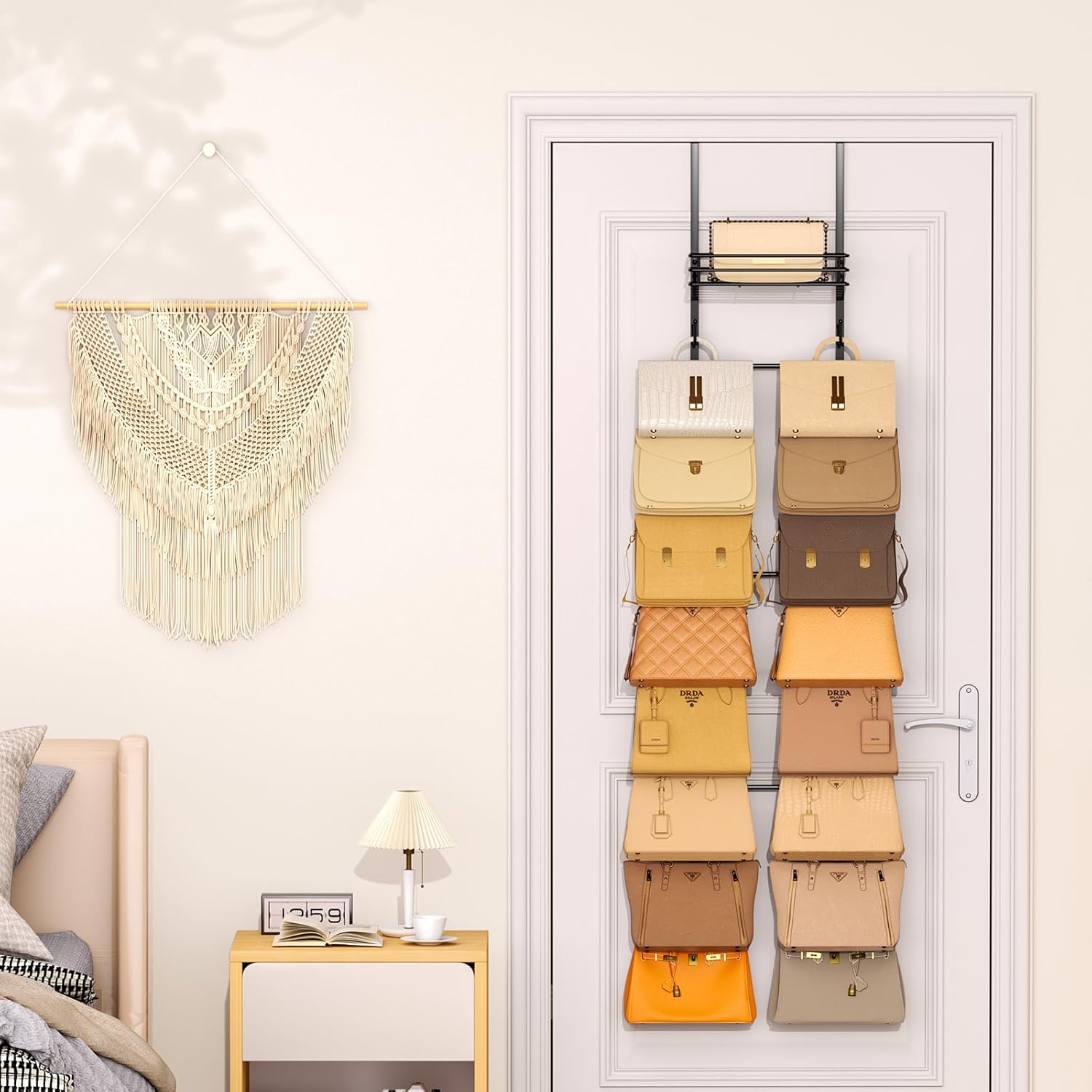 SWTYMIKI Over The Door Purse Organizer - Wall Mounted Handbag Organizer with 16 Hooks and Metal Basket, Hanging Purse Storage Rack Holds up to 16 Bags, Bag Rack Can Use As 1/2 Part, for Door, Closet - Image 7