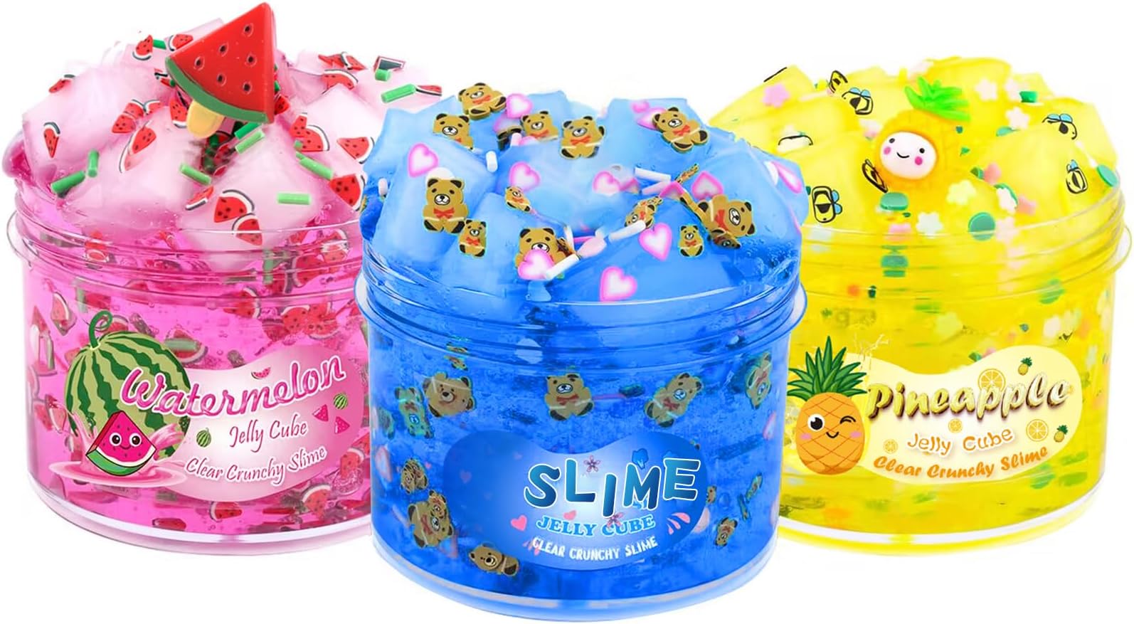 Slime Kit - 3 Pack Jelly Cube Clear Crunchy Slime with Blue, Watermelon and Pineapple Charms, Preppy Aesthetic Stuff, Cute Stress Toys Cool Birthday Gifts Ideas for Girls and Boys