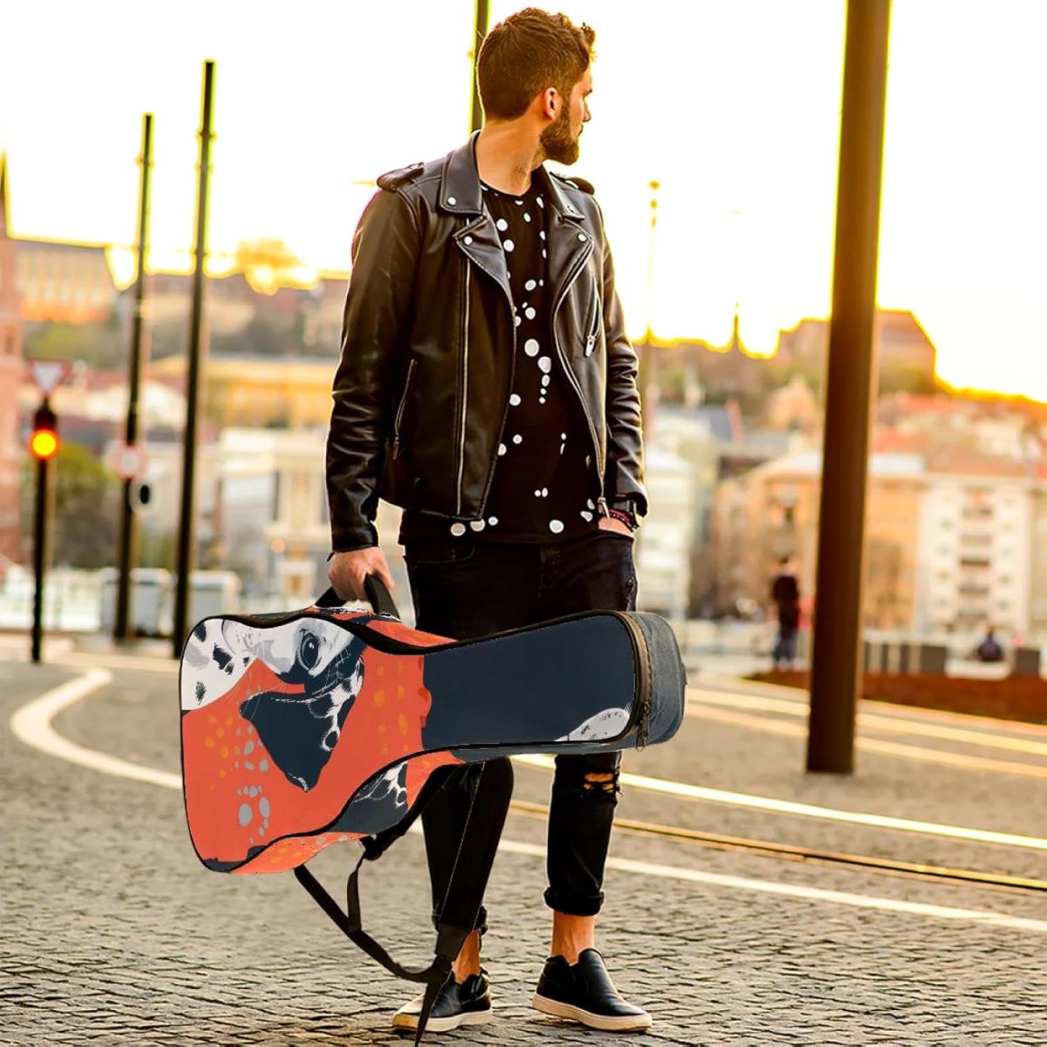 Acoustic Guitar Gig Bag 1 cm Thick Padding, Waterproof Electric Guitar Bag 40-42 Inch Guitar Case Backpack with Dual Shoulder Strap, Puppy and Kitten Faces Funny Color Blocks