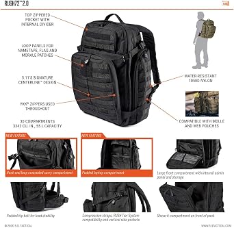 5.11 Tactical Backpack – RUSH 72 2.0 – Military Molle Pack, CCW and Laptop Compartment, 55 Liter, Large, Style 56565 – Ranger Green