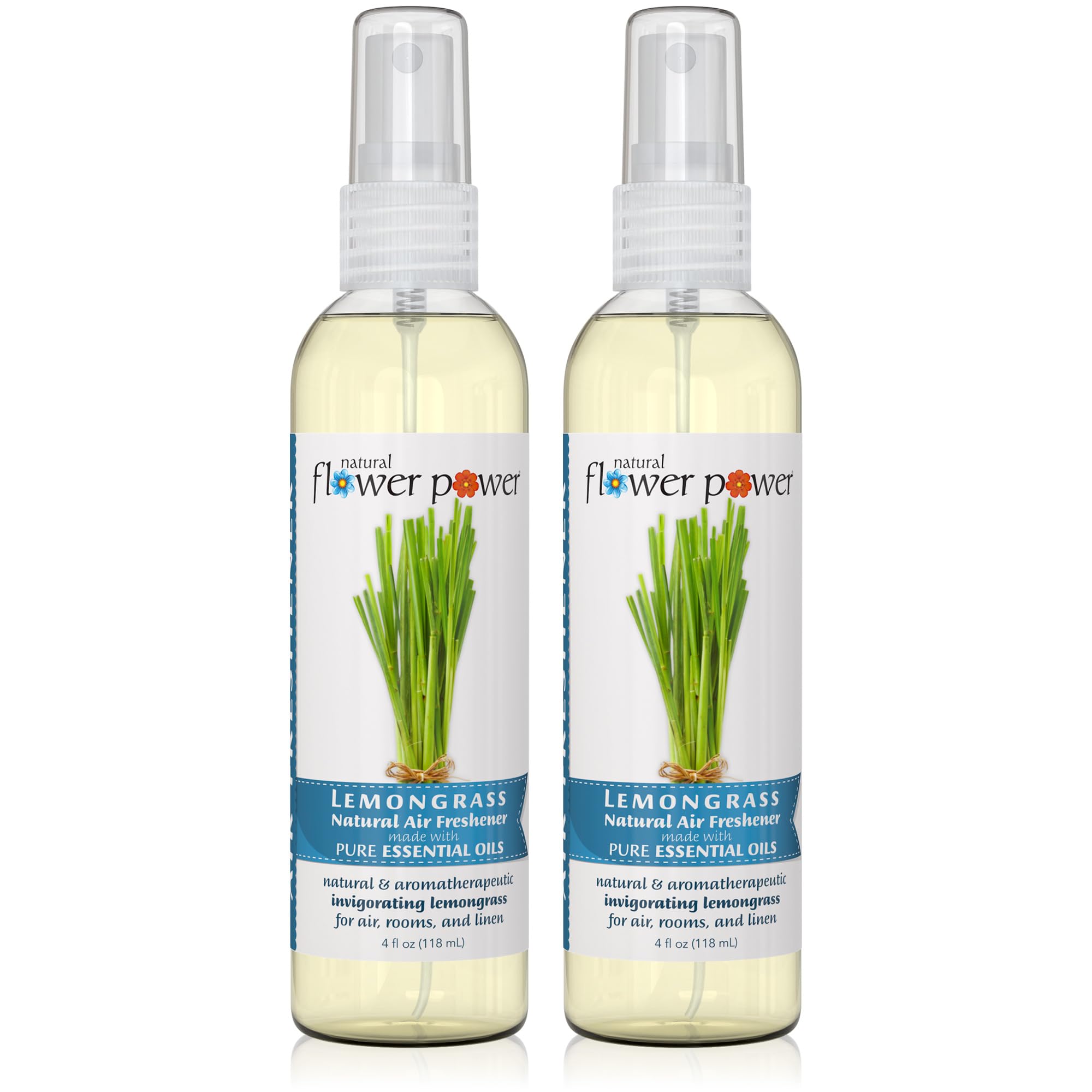 Natural Flower Power Air Freshener Spray - Odor Eliminator with Essential Oils for the Home, Car &amp; Fabric - Cruelty Free &amp; Vegan - Lemongrass - 2 x 4 oz