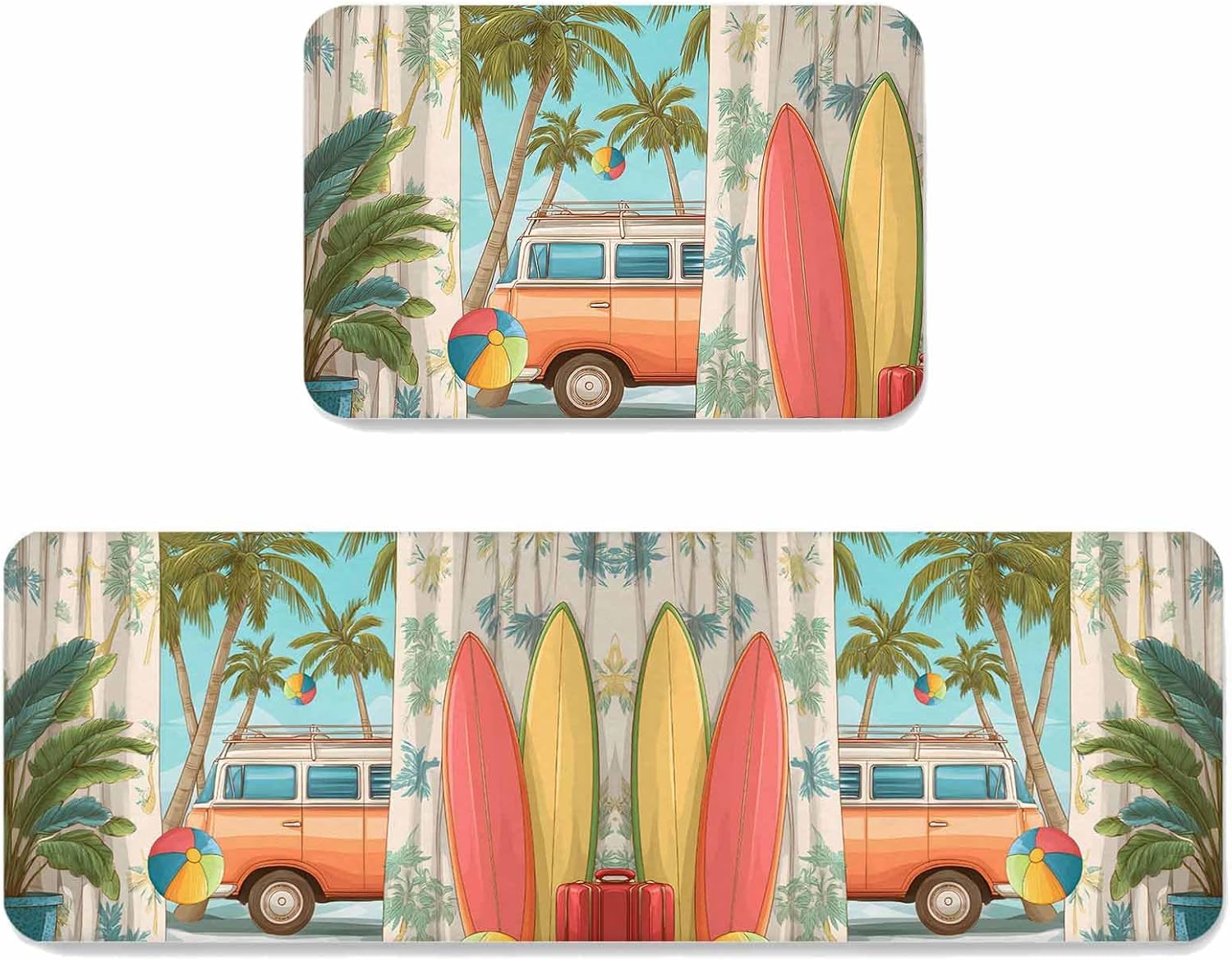 Prime Leader Summer Beach Vacation Kitchen Mat Set 2 Pieces Vehicle Palm Tree Surfboard Non Slip Kitchen Rugs Washable Runner Rug Mats for Sink Laundry (15.7" x 23.6"+15.7" x 47.2")
