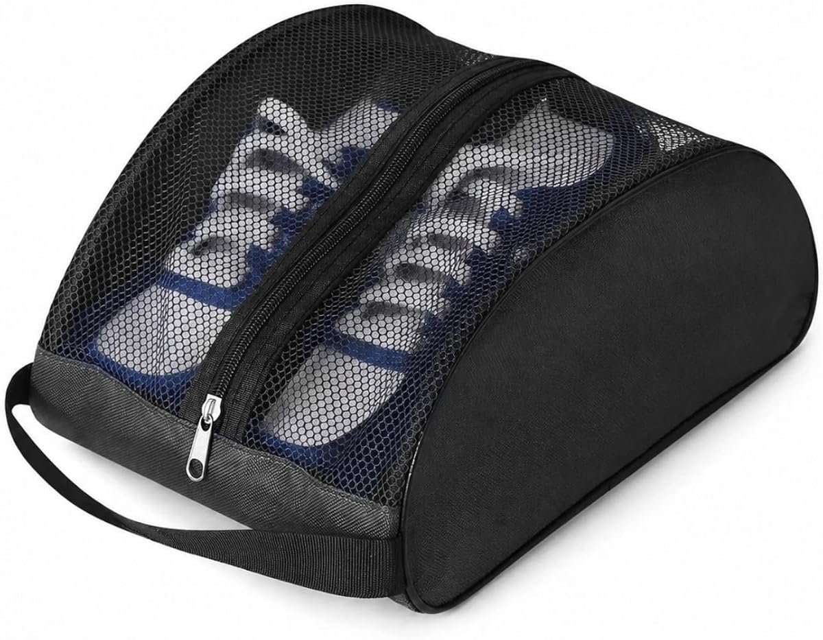 Golf Shoe Bag with Full Top Mesh Ventilation, Zippered Sports Shoe Carrier for Travel, Fits up to Size 13 Men Women (Black)